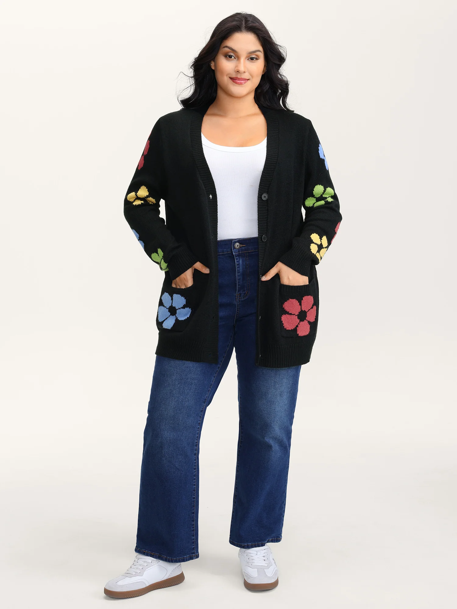 Colorful Floral Pattern Button Knit Cardigan - Image 4