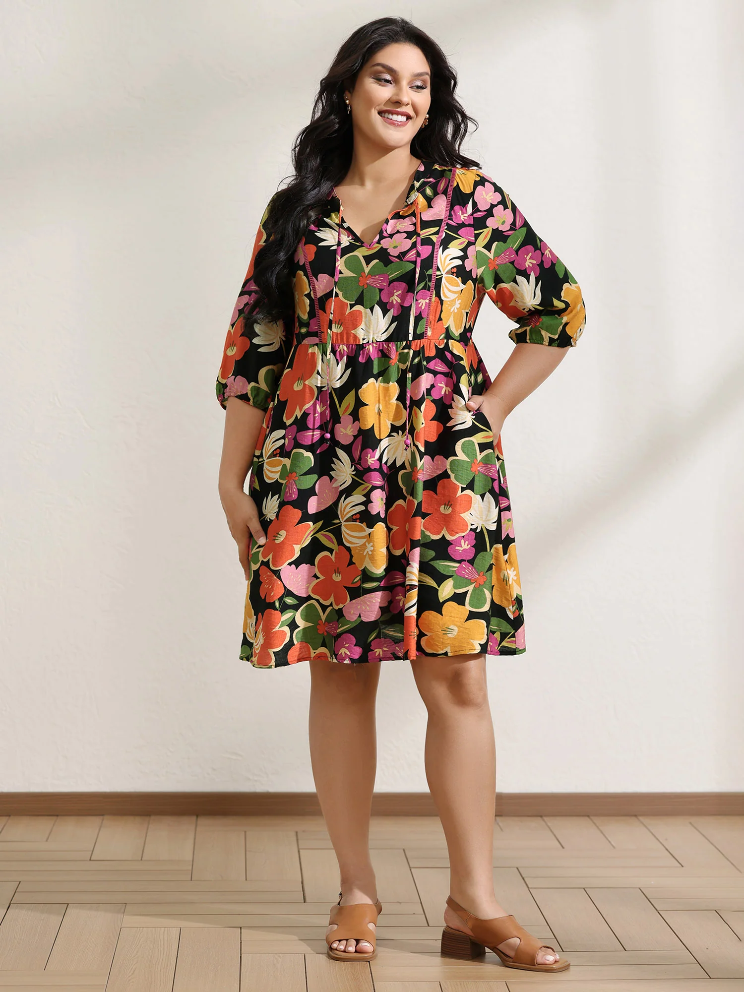 Colorful Floral Print Beaded A-Line Mini Dress - Image 3