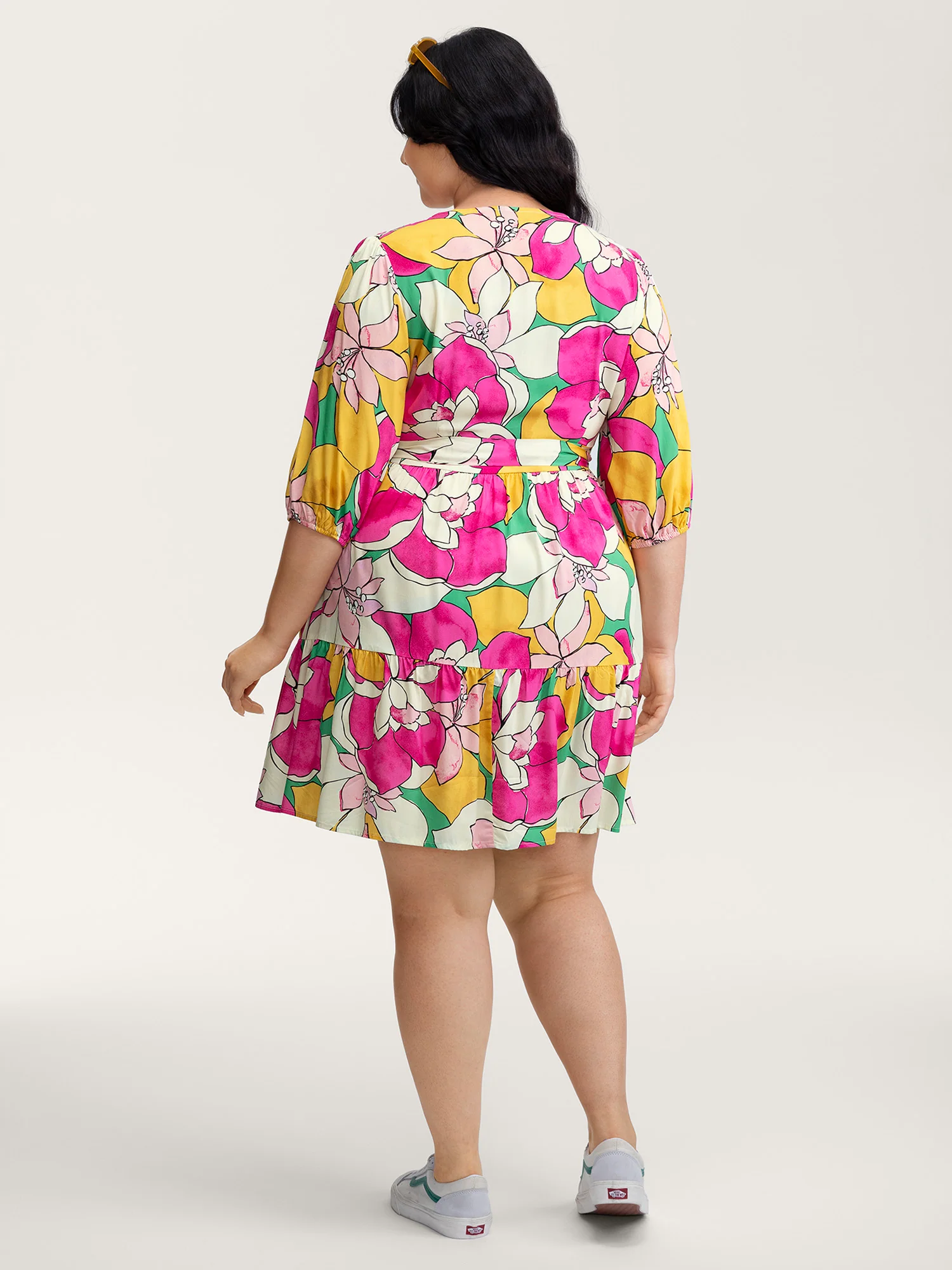 Colorful Floral Print Belted Pockets Midi Dress - Image 4