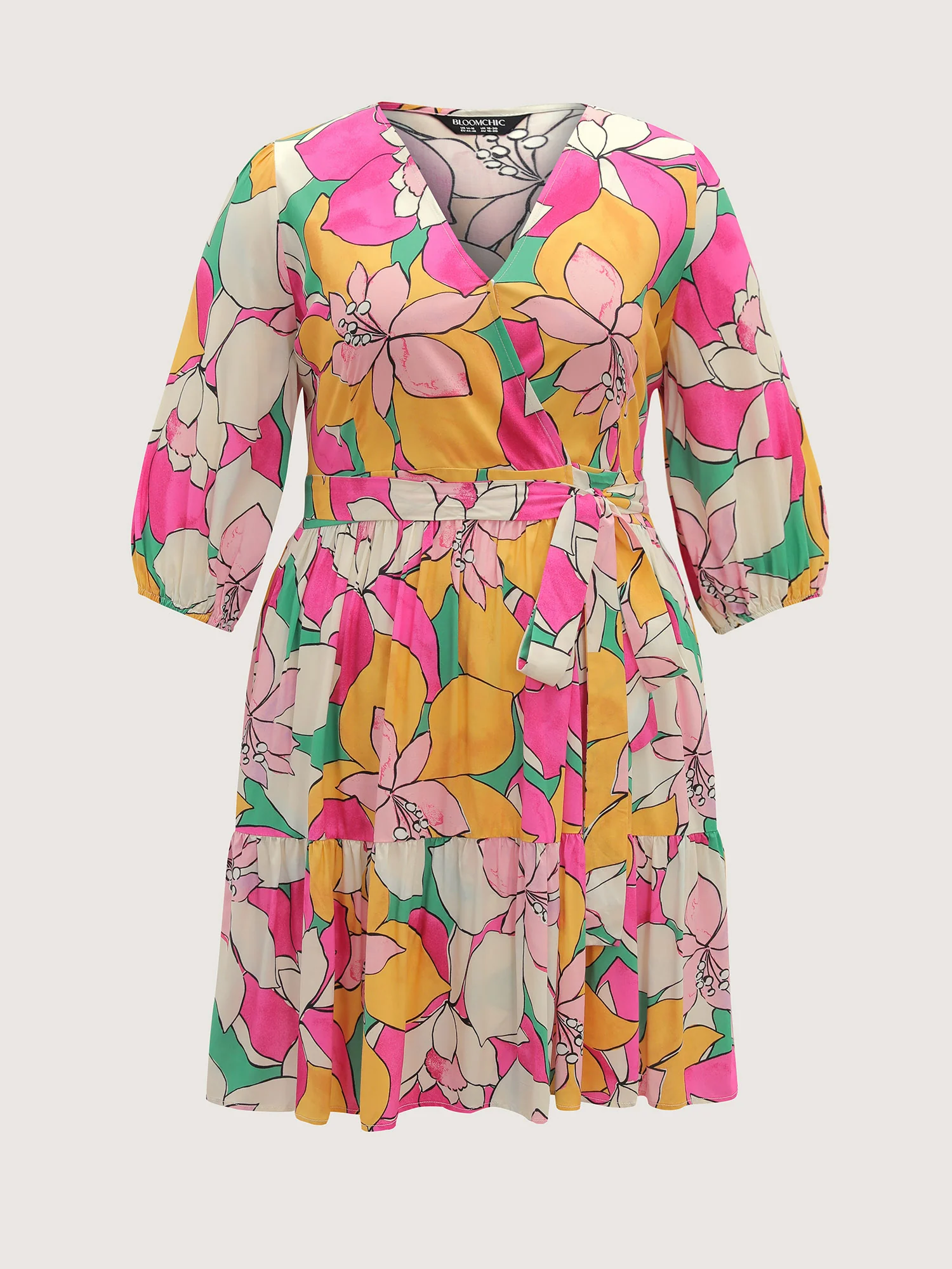Colorful Floral Print Belted Pockets Midi Dress - Image 7