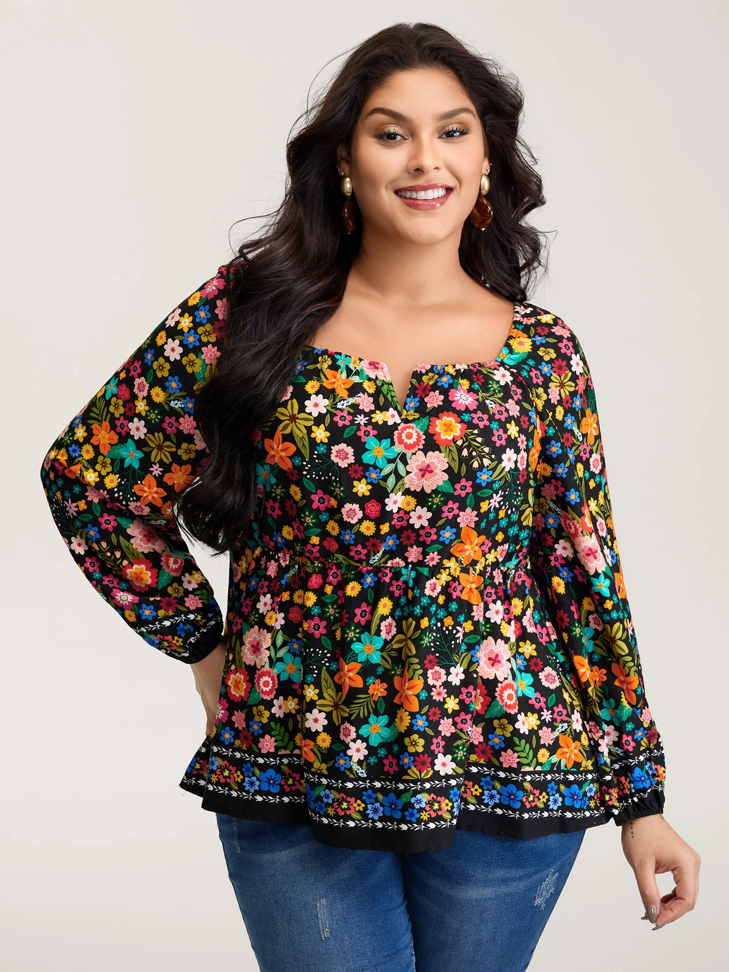 Colorful Floral Print Cinched-Flared Blouse - Image 2