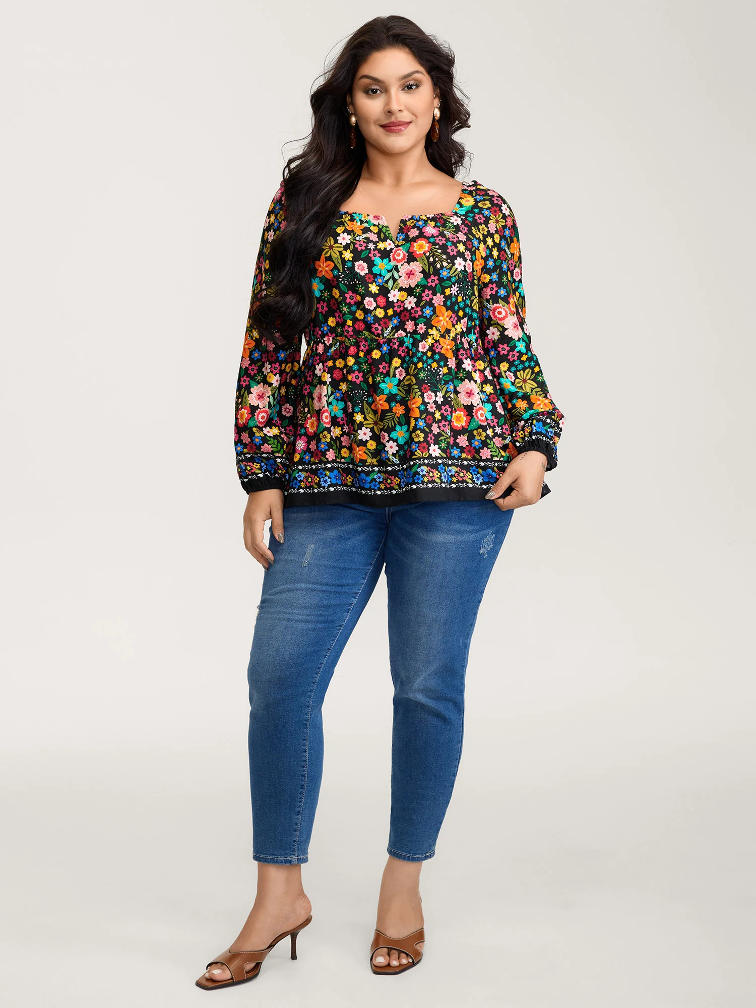 Colorful Floral Print Cinched-Flared Blouse - Image 3