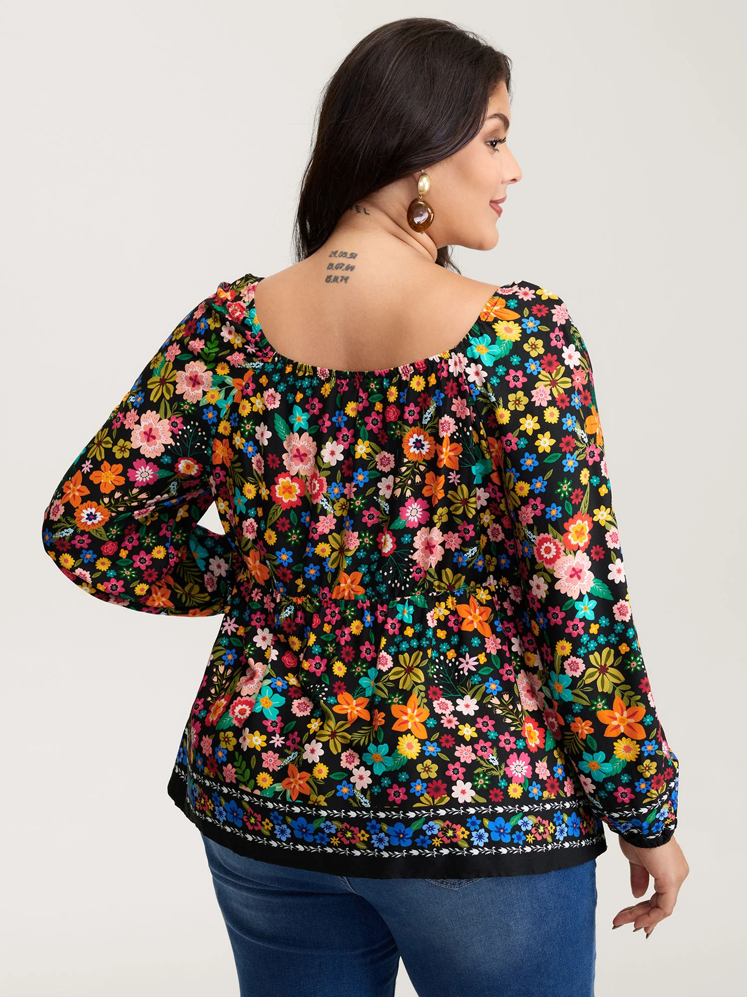 Colorful Floral Print Cinched-Flared Blouse - Image 4