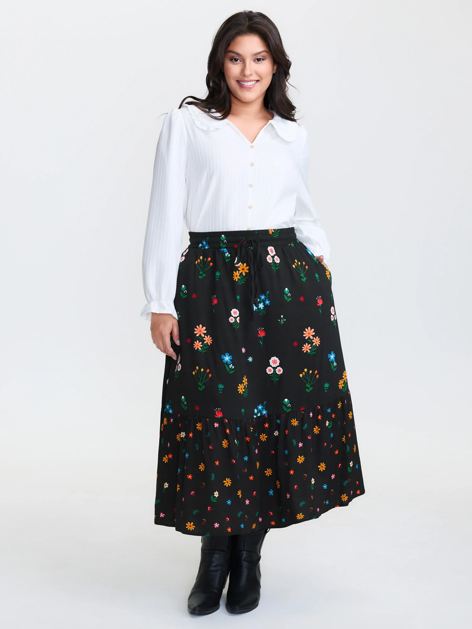 Colorful Floral Print Drawstring Midi Skirt - Image 2