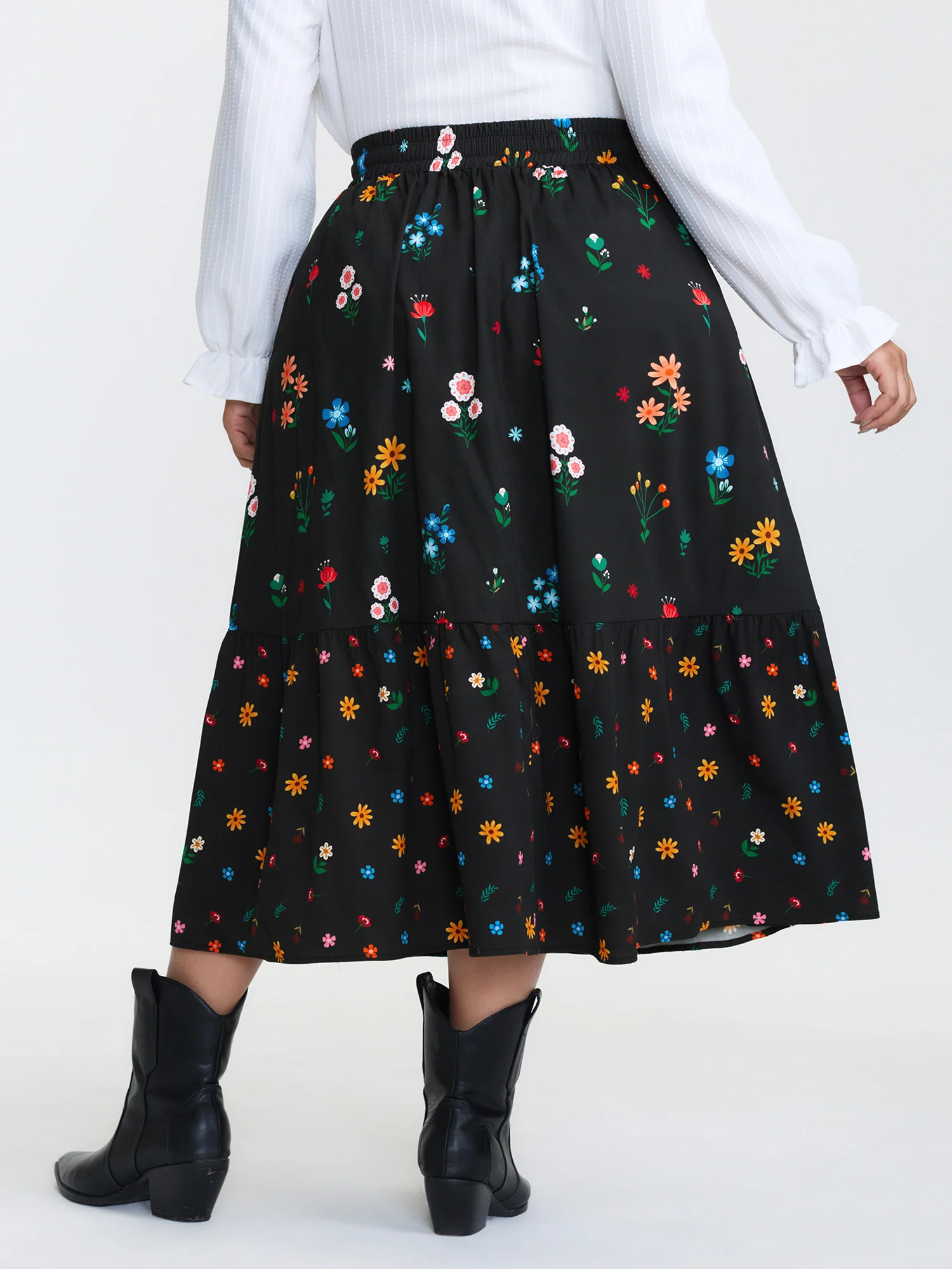 Colorful Floral Print Drawstring Midi Skirt - Image 5