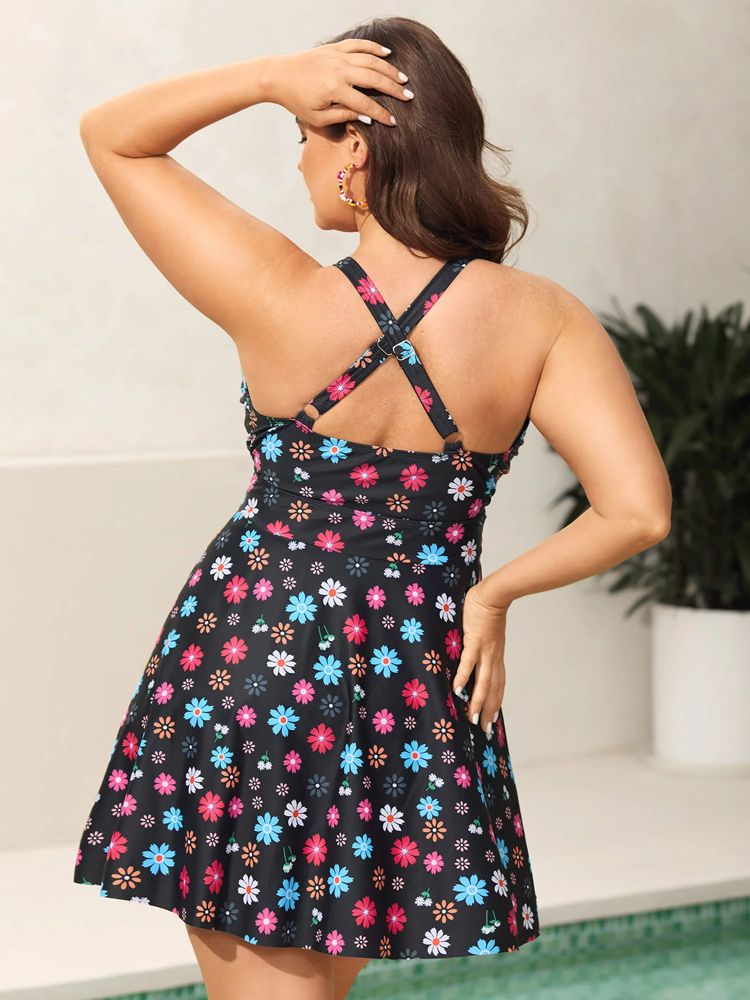 Colorful Floral Print Fit Flare Swim Dress - Image 3