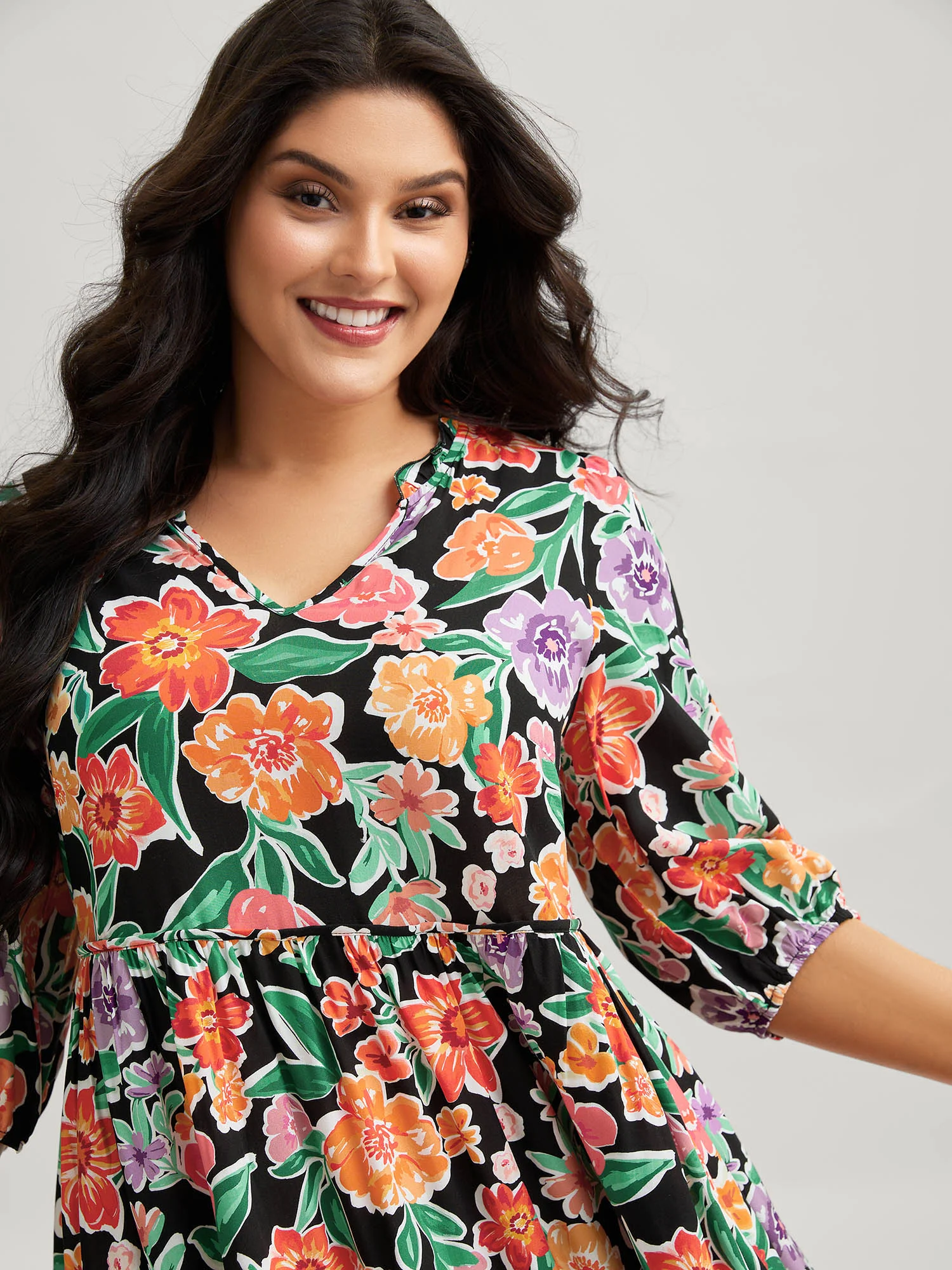 Colorful Floral Print Pockets Knee-Length Dress - Image 2