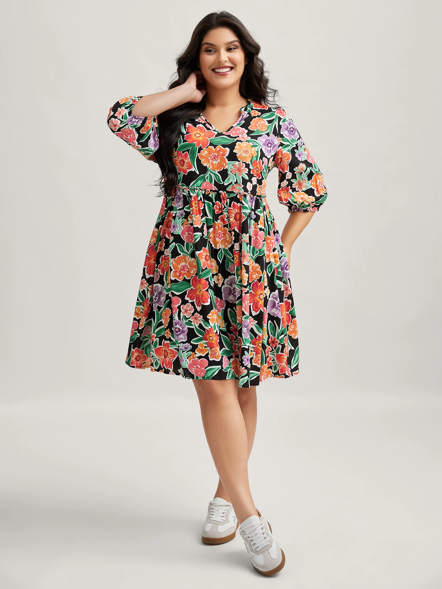 Colorful Floral Print Pockets Knee-Length Dress - Image 3