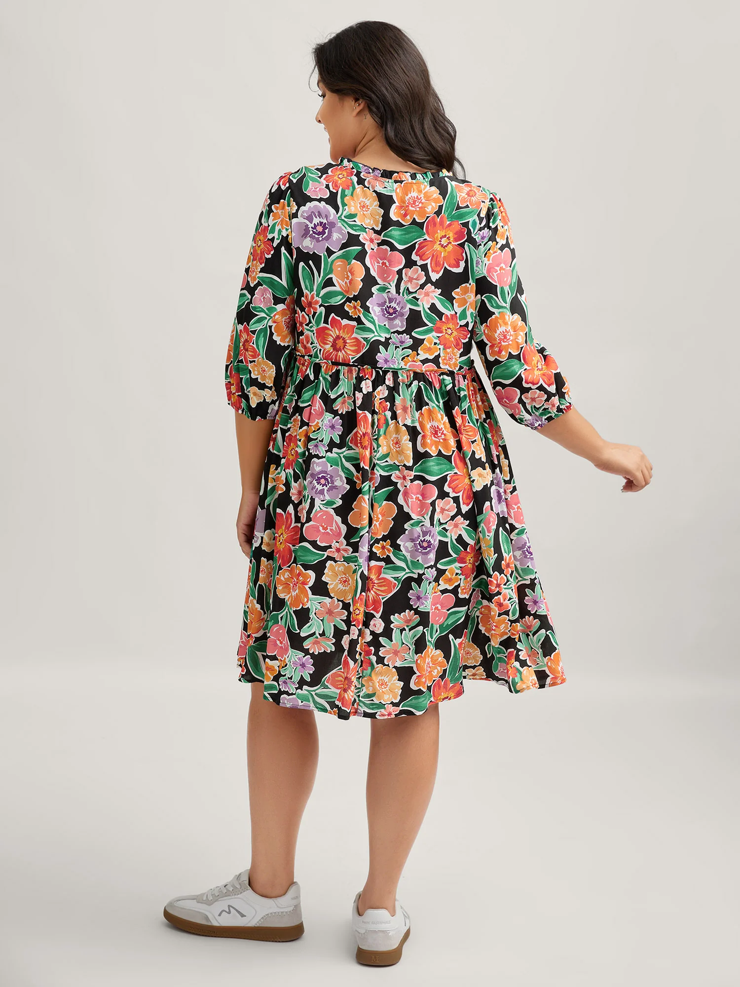 Colorful Floral Print Pockets Knee-Length Dress - Image 4