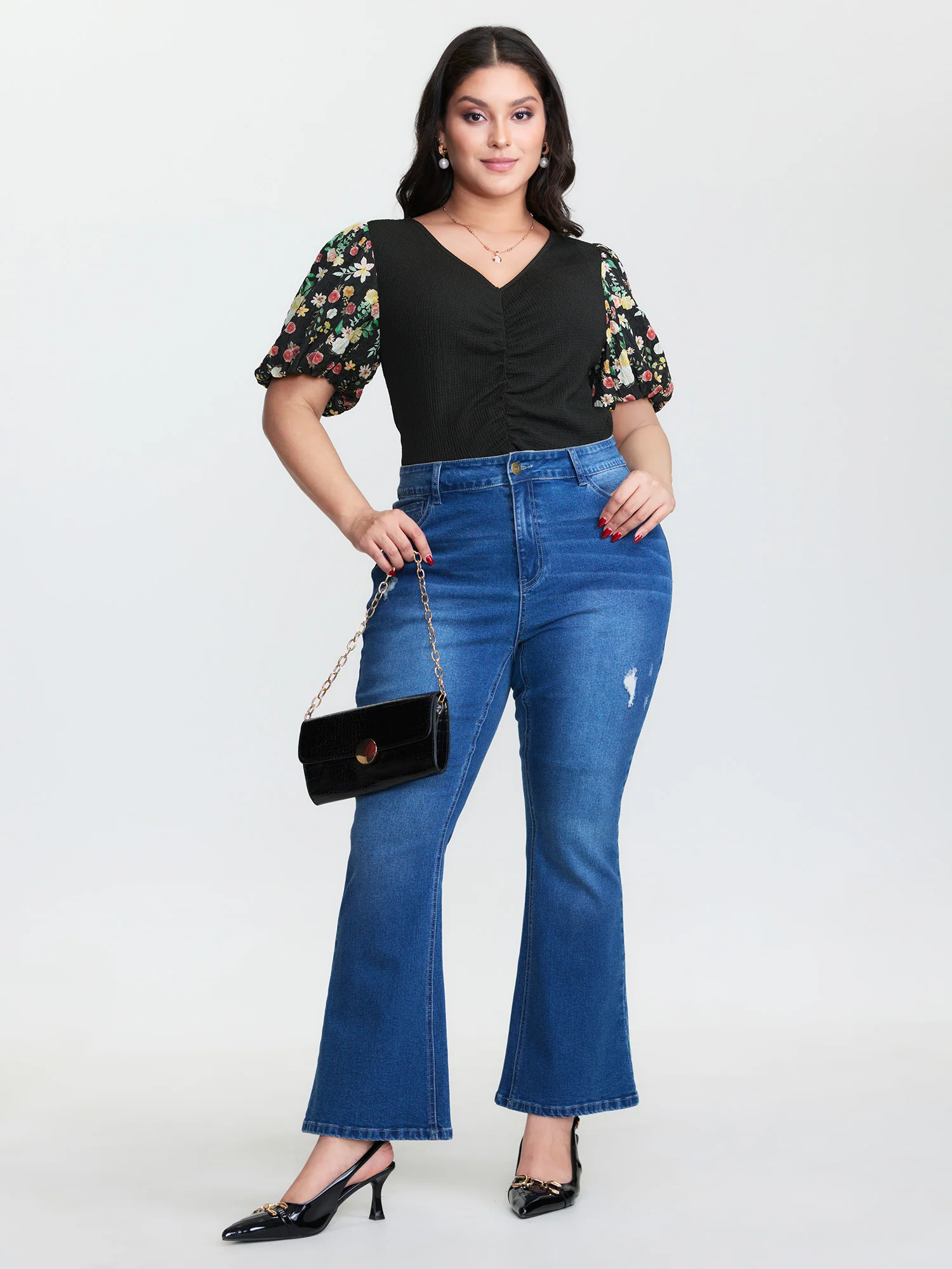 Colorful Floral Print Ruched T-Shirt - Image 2