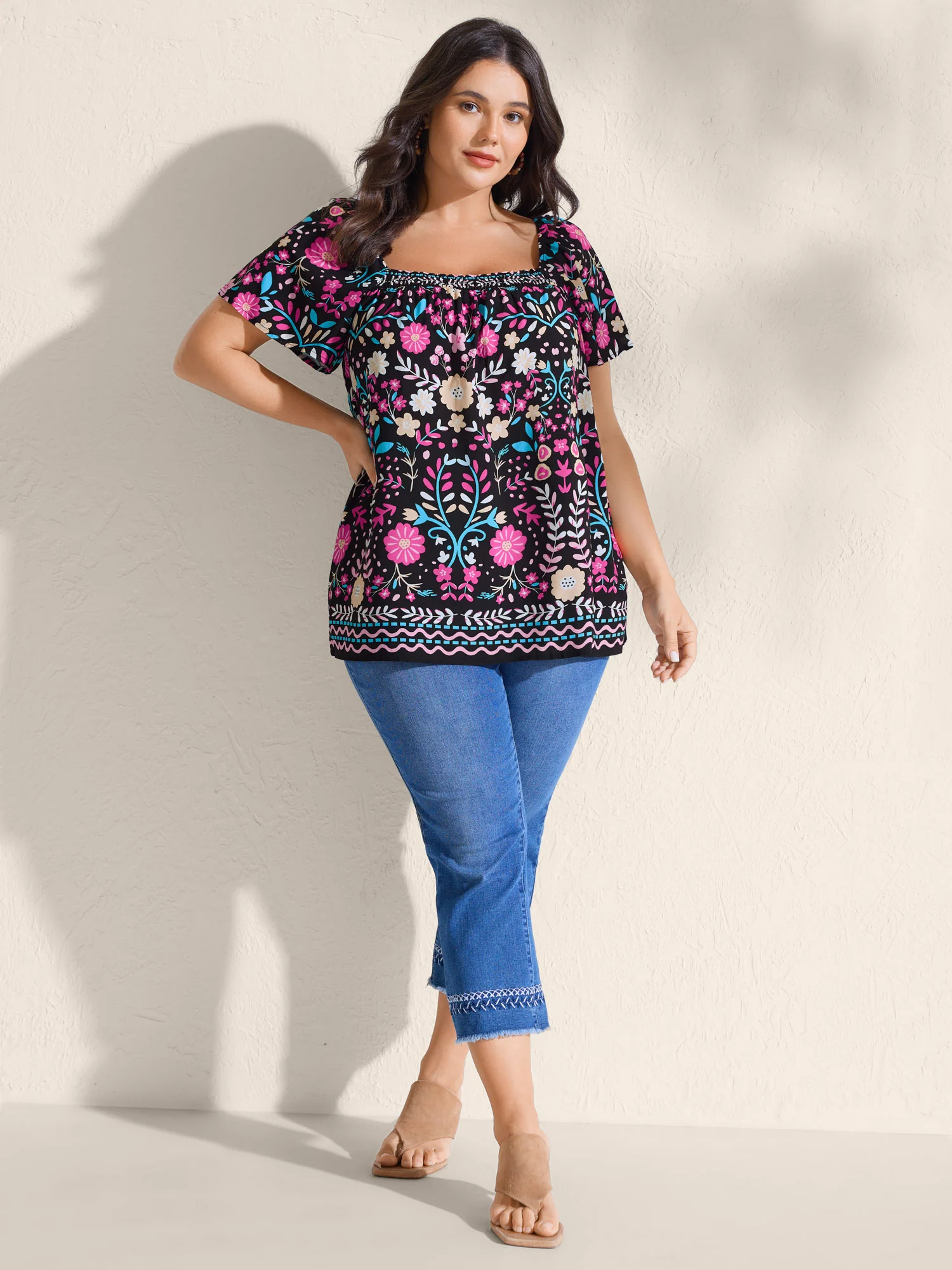 Colorful Floral Print Shirred Neck Blouse - Image 3