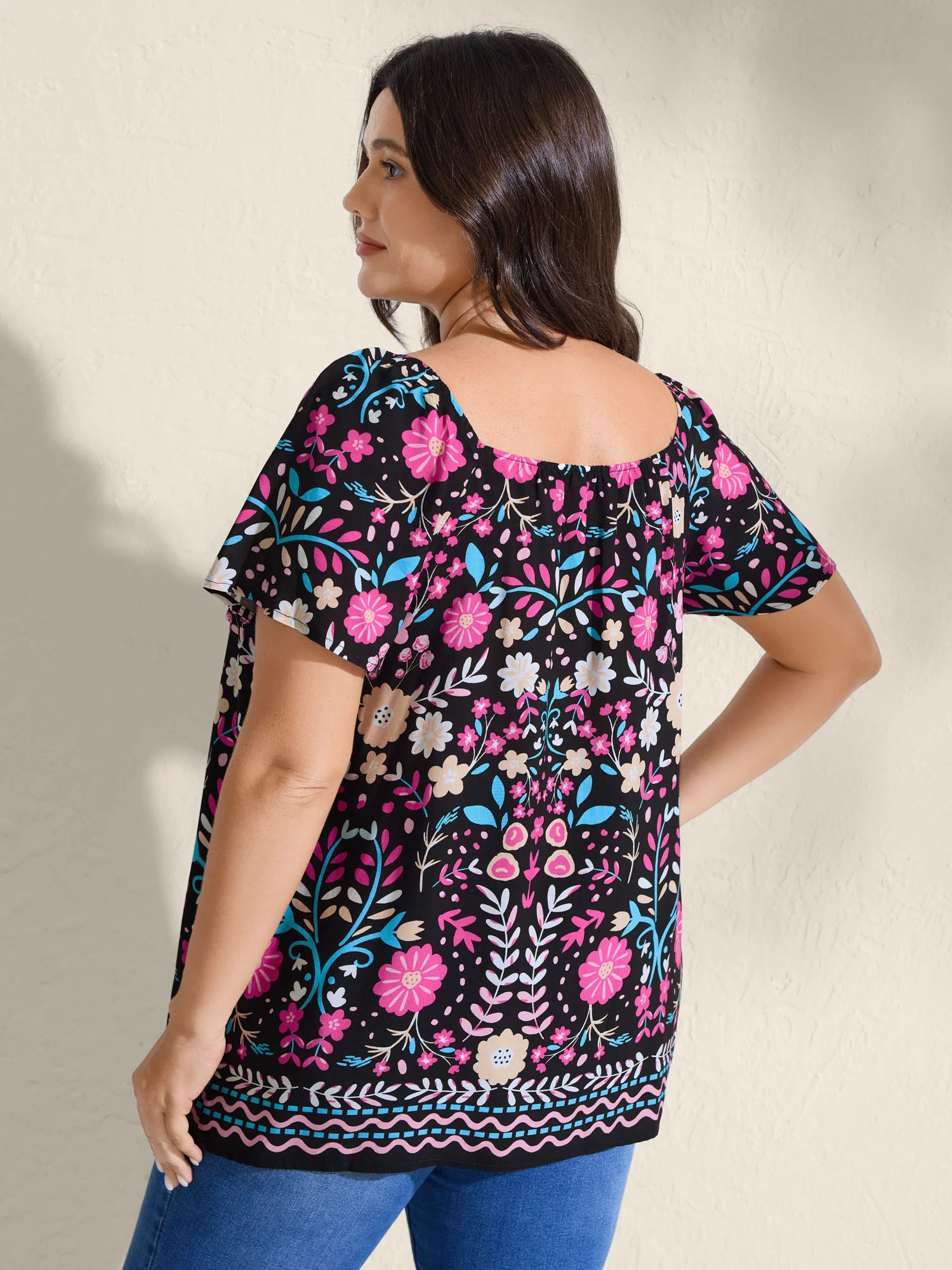 Colorful Floral Print Shirred Neck Blouse - Image 4