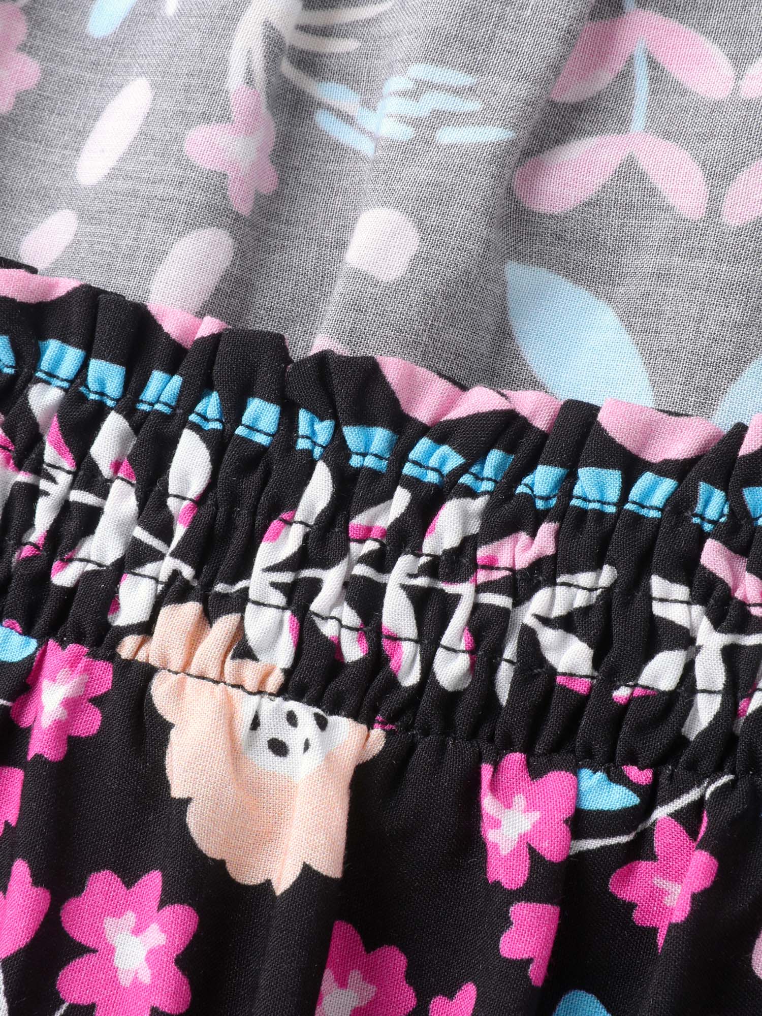 Colorful Floral Print Shirred Neck Blouse - Image 5