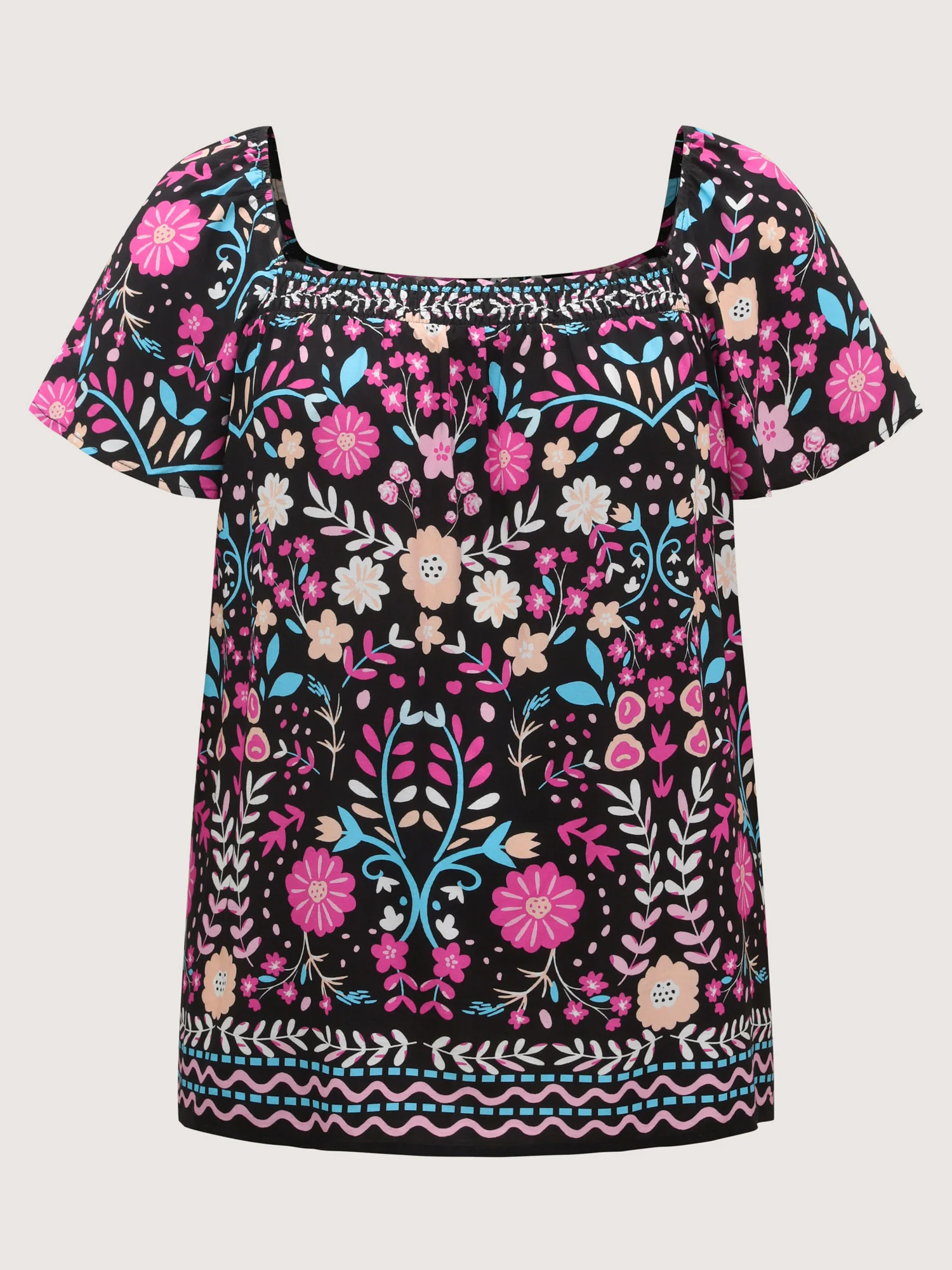 Colorful Floral Print Shirred Neck Blouse - Image 7
