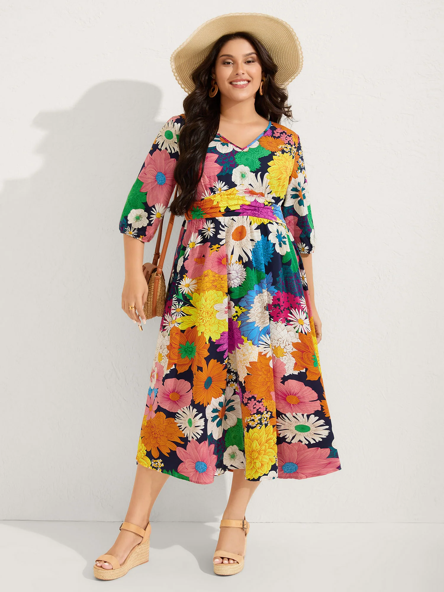 Colorful Floral Print Shirred Waist Midi Dress - Image 3