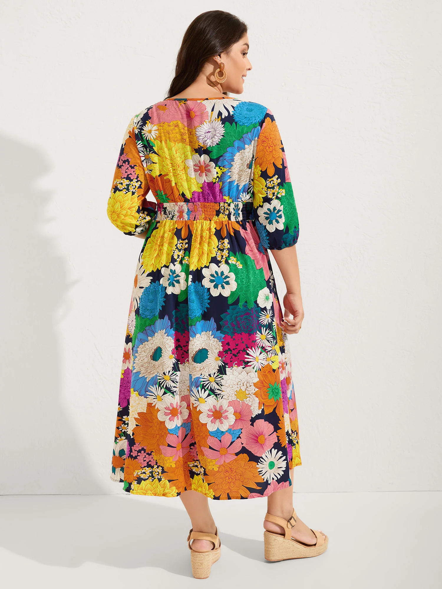 Colorful Floral Print Shirred Waist Midi Dress - Image 4