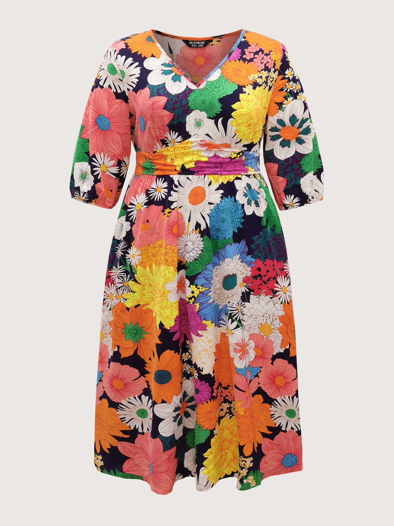 Colorful Floral Print Shirred Waist Midi Dress - Image 7