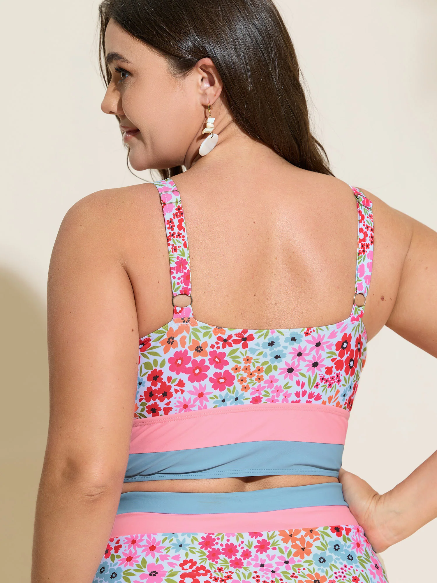 Colorful Floral Print Surplice Neckline Swim Top - Image 5