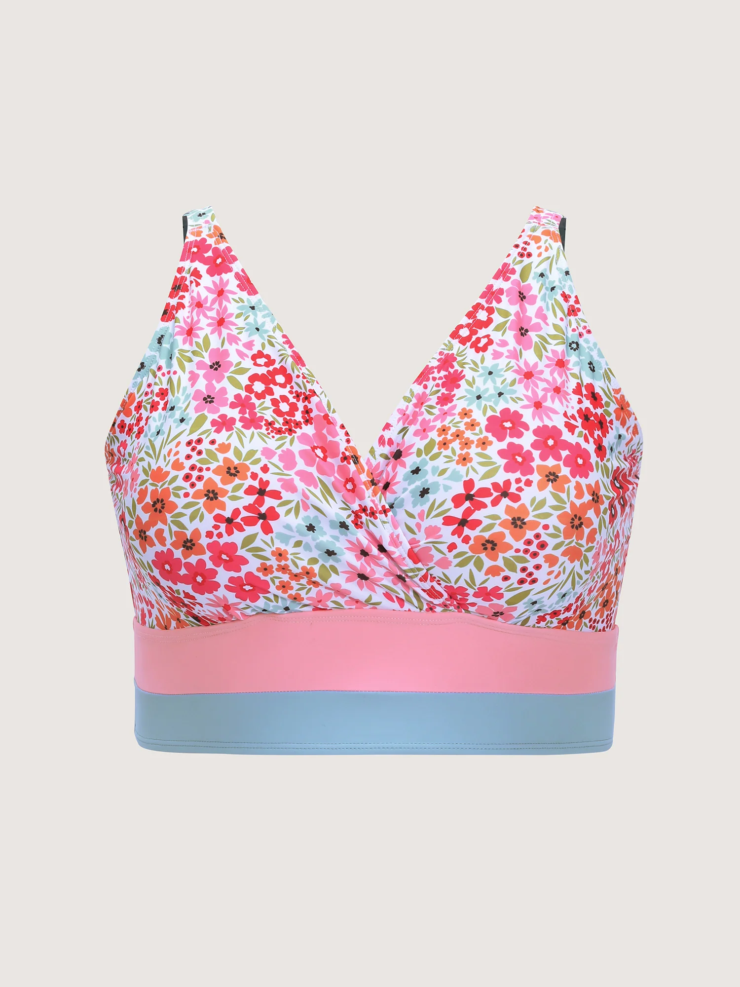 Colorful Floral Print Surplice Neckline Swim Top - Image 6