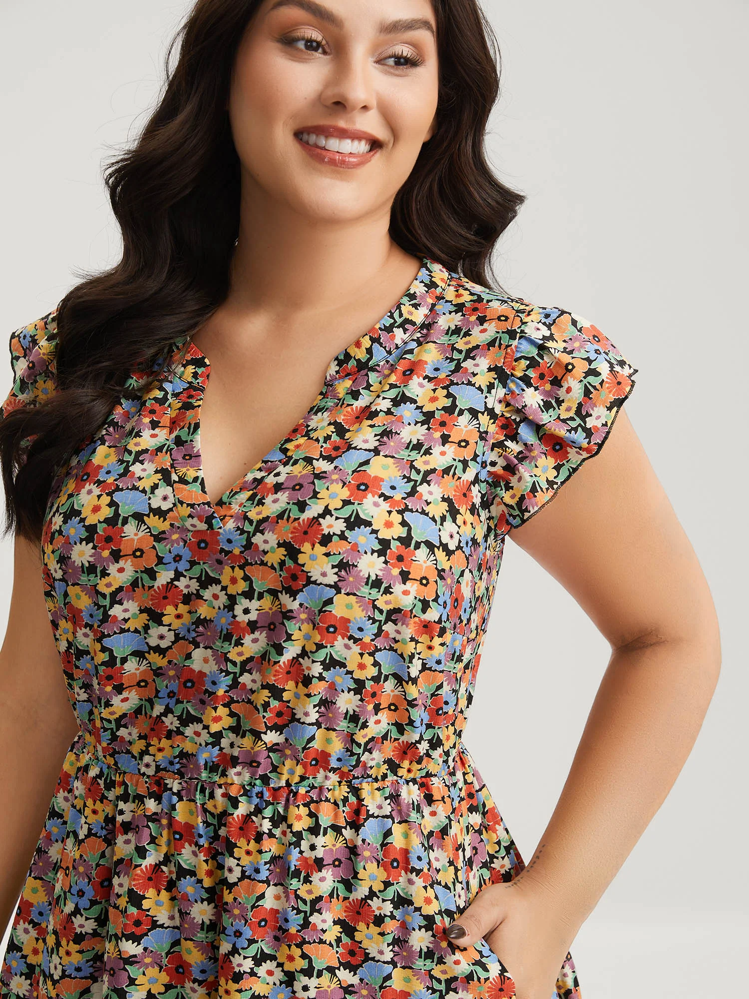 Rayon Colorful Floral Print Tiered Pockets Midi Dress - Image 2