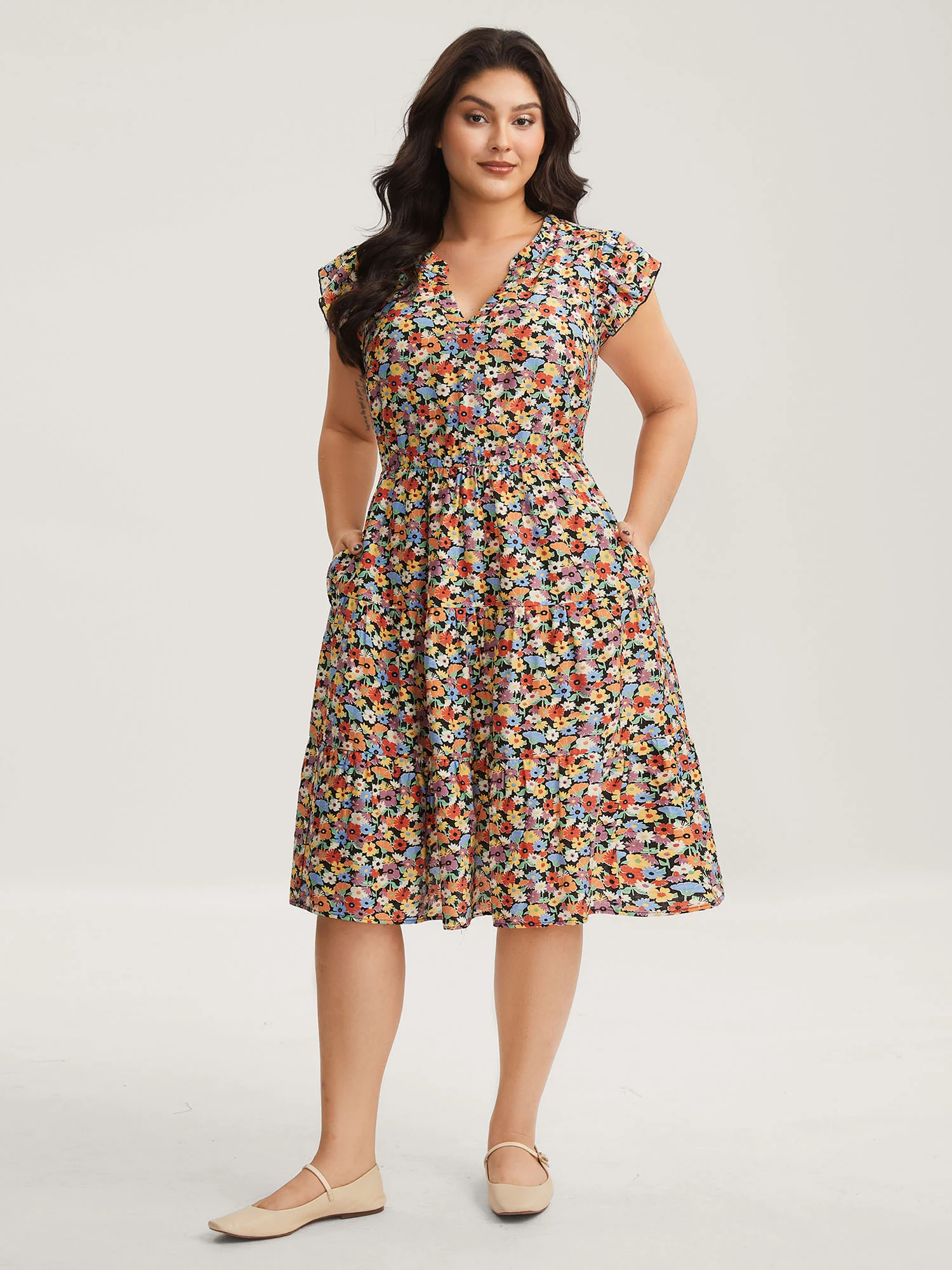 Rayon Colorful Floral Print Tiered Pockets Midi Dress - Image 3