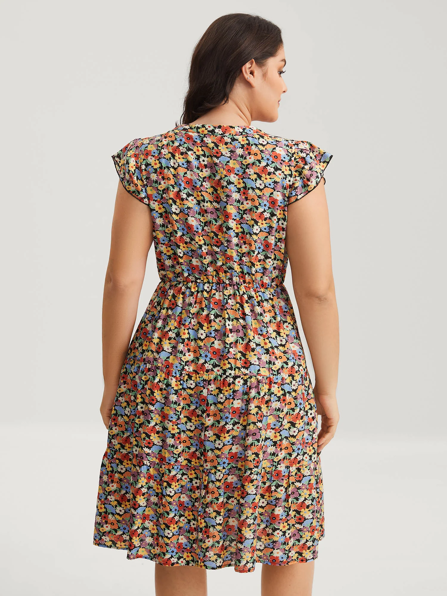 Rayon Colorful Floral Print Tiered Pockets Midi Dress - Image 4
