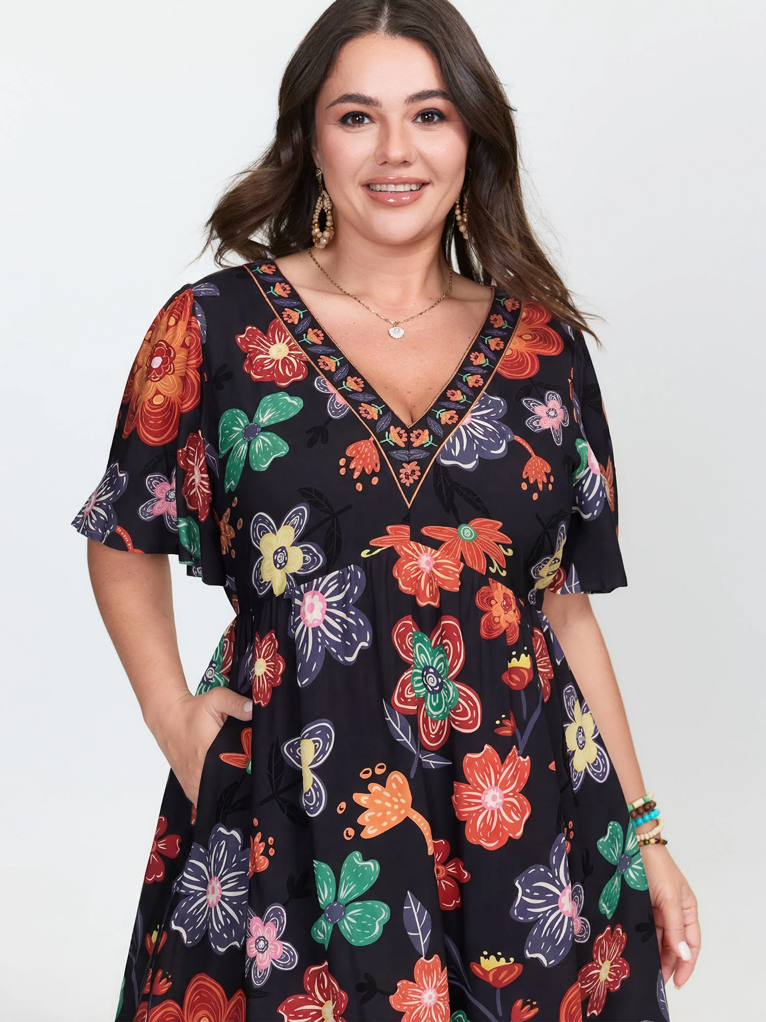 Colorful Floral Print V-Neck Mini Dress - Image 10