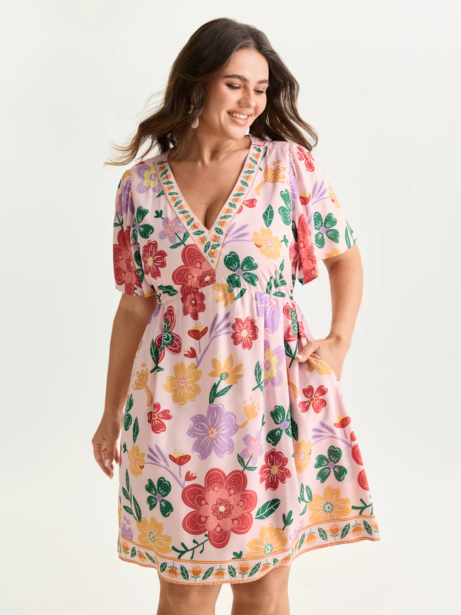 Colorful Floral Print V-Neck Mini Dress - Image 12