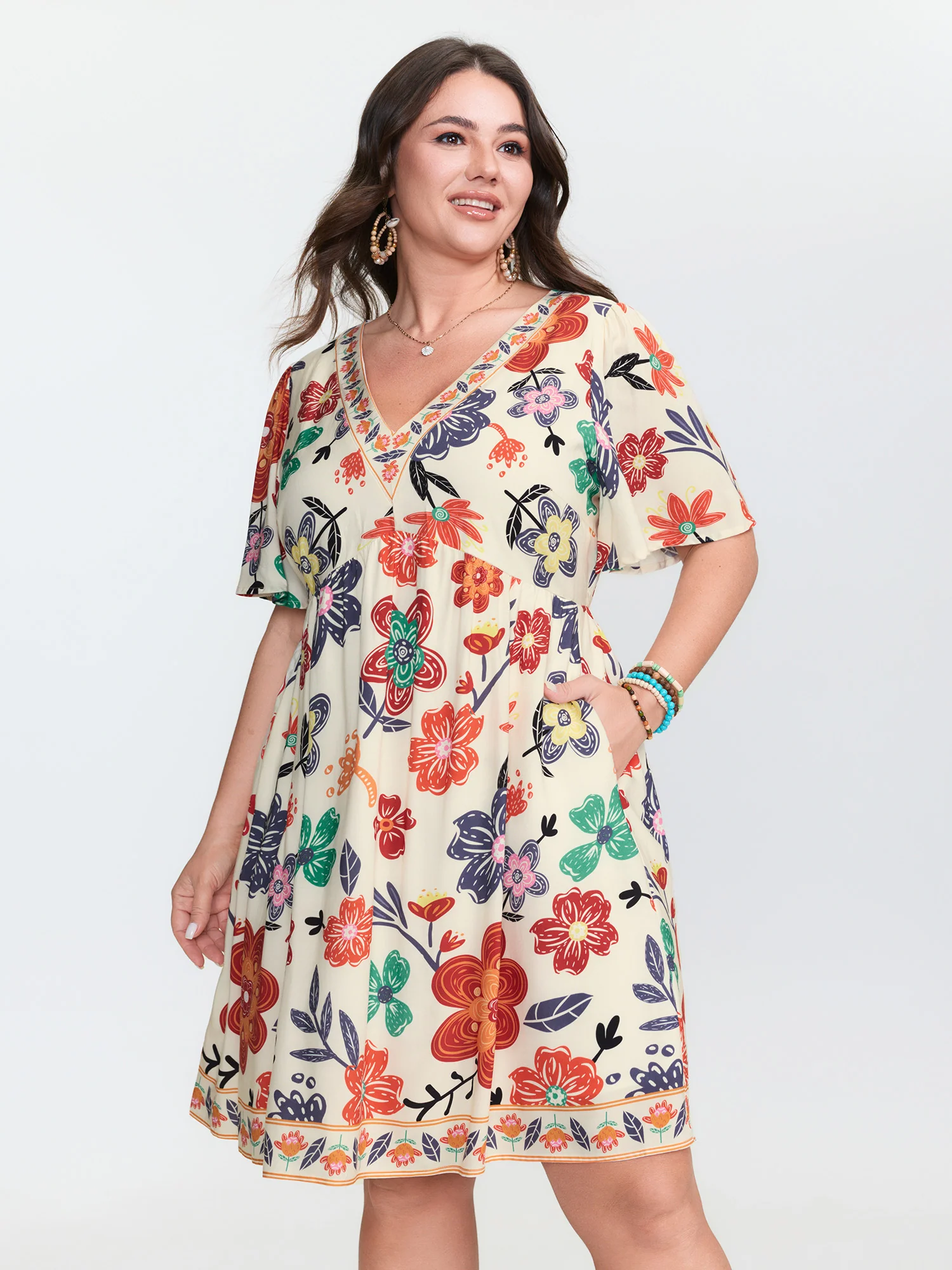 Colorful Floral Print V-Neck Mini Dress - Image 2