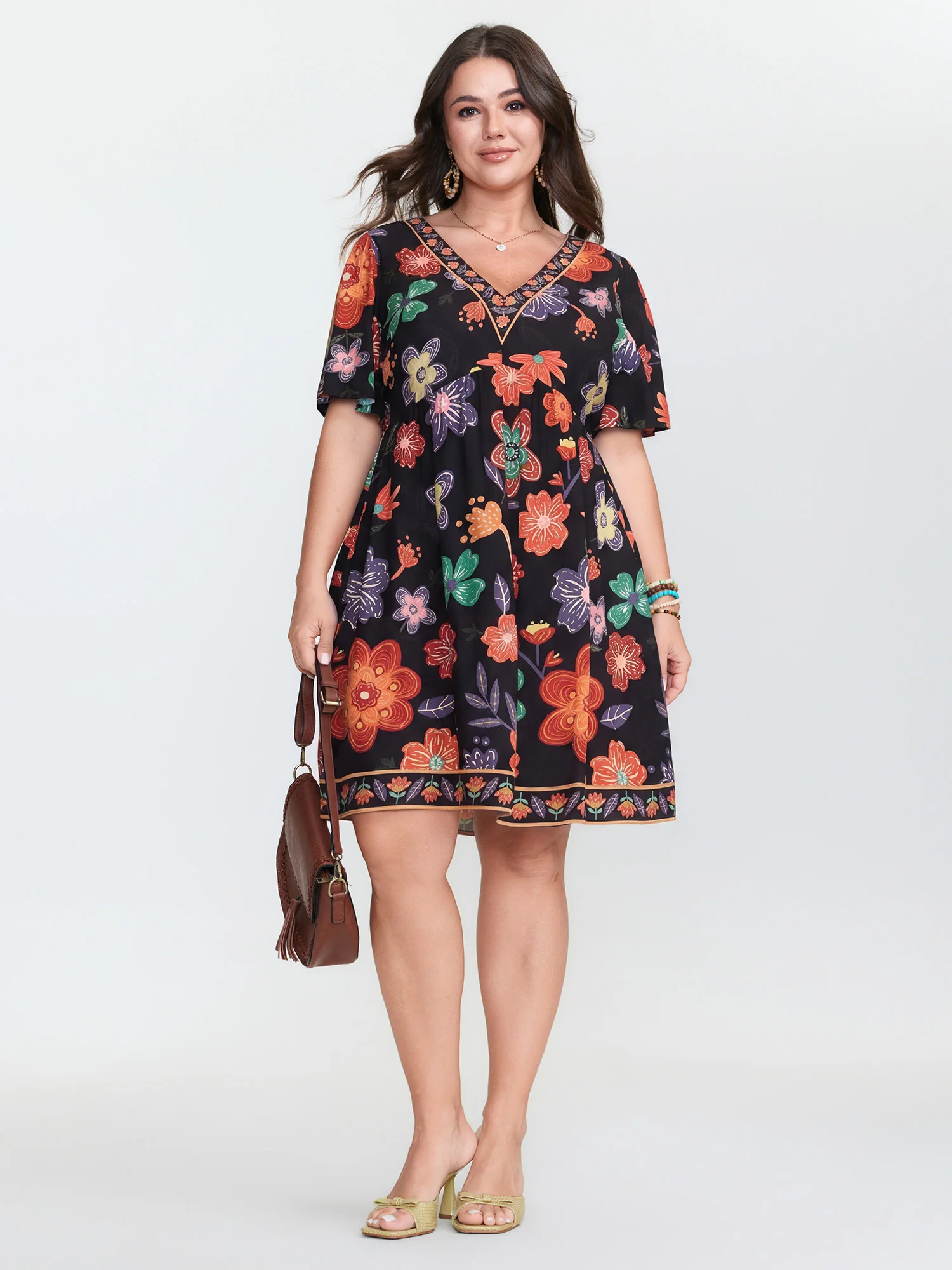 Colorful Floral Print V-Neck Mini Dress - Image 8