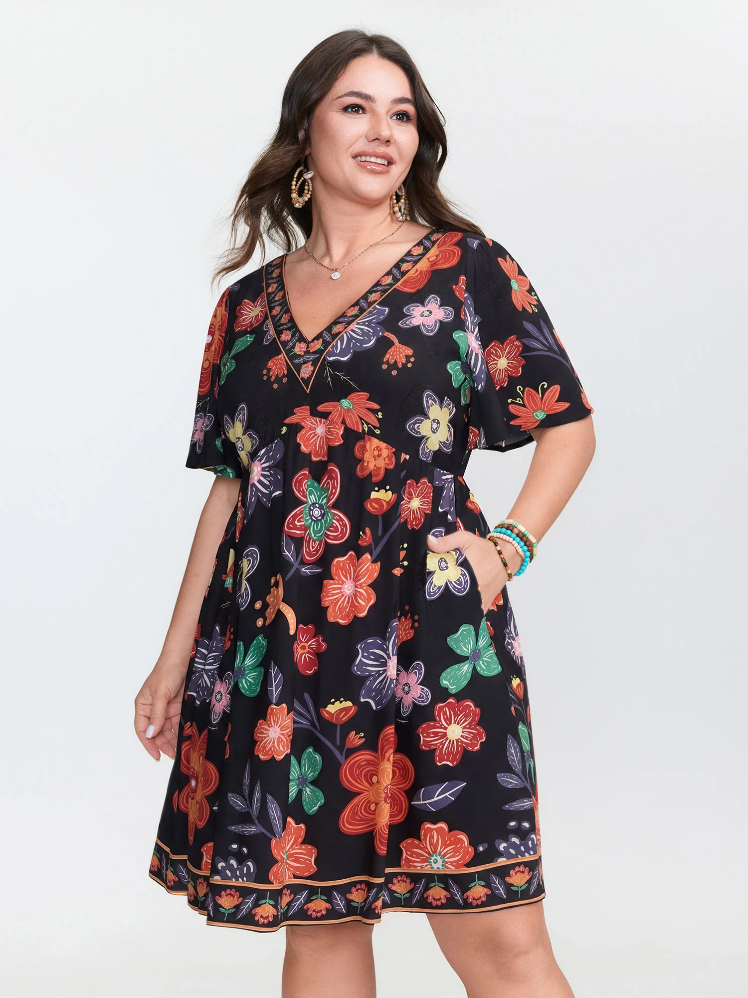 Colorful Floral Print V-Neck Mini Dress - Image 9