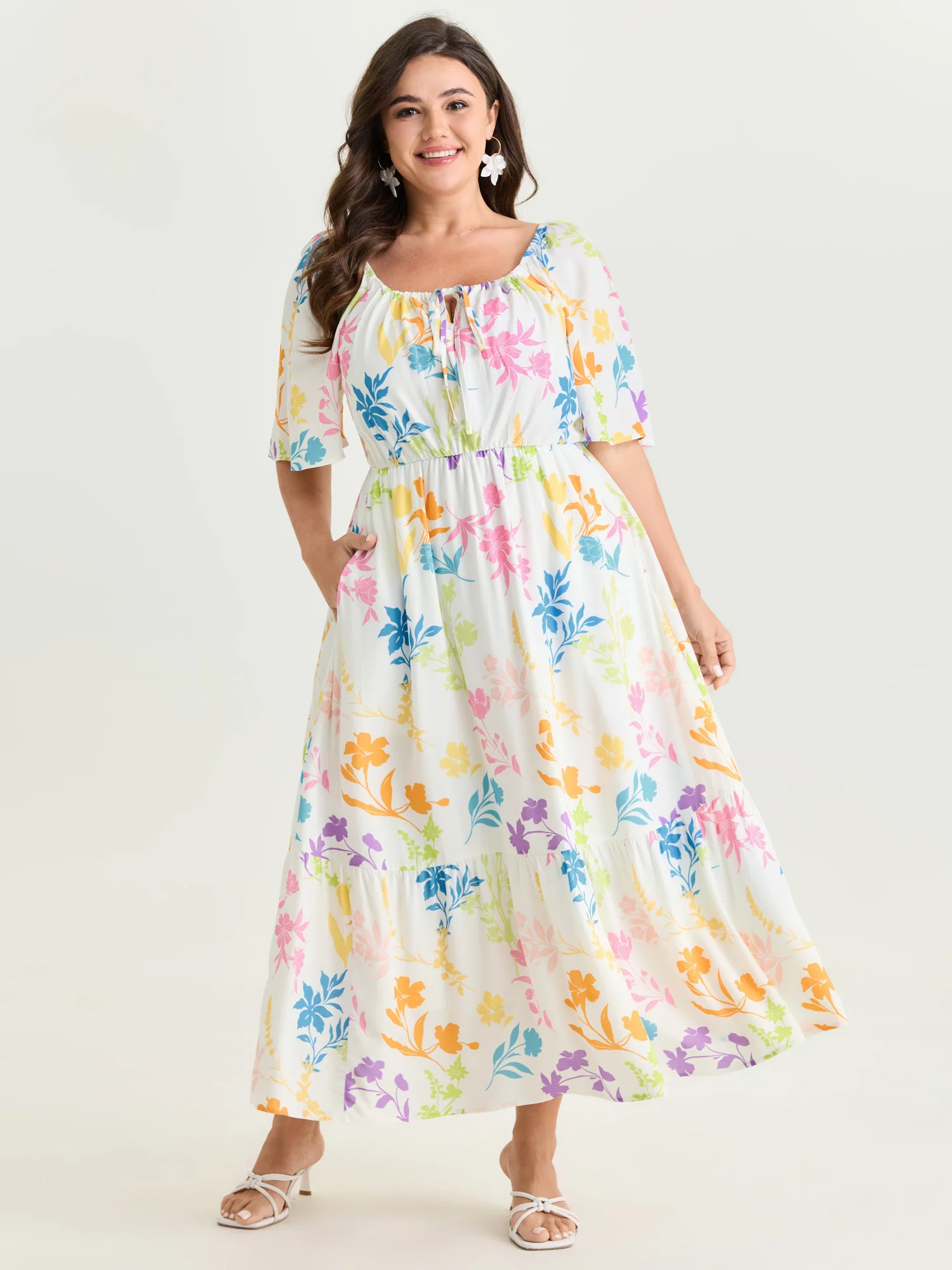 Colorful Floral Print Waist Defining Maxi Dress - Image 3