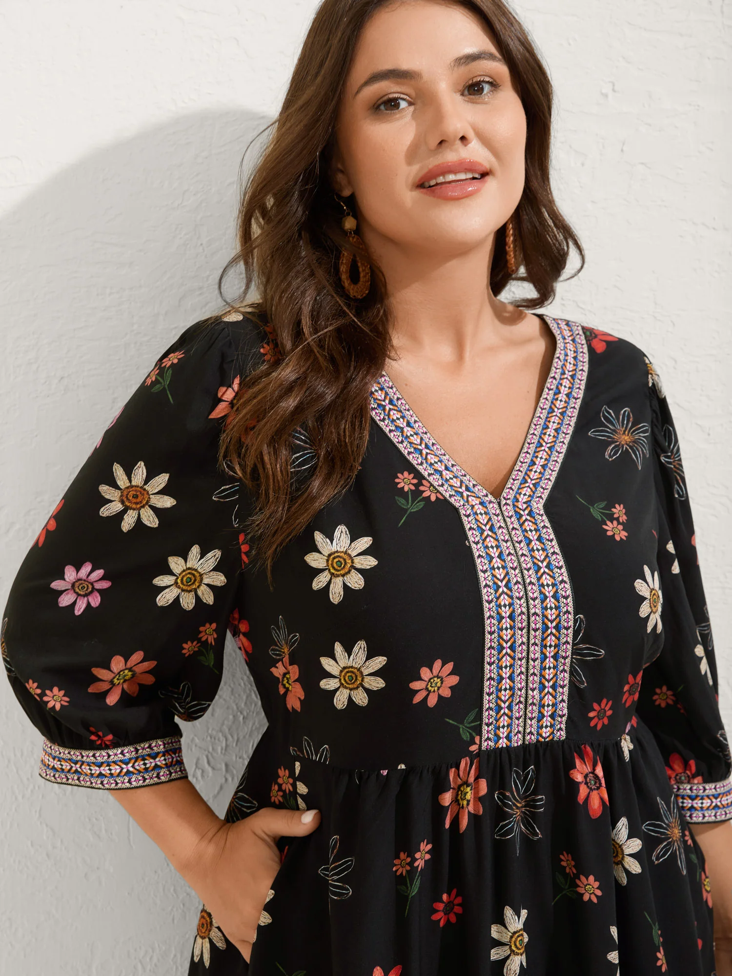Colorful Floral Ribbon Neckline Pockets Midi Dress - Image 2