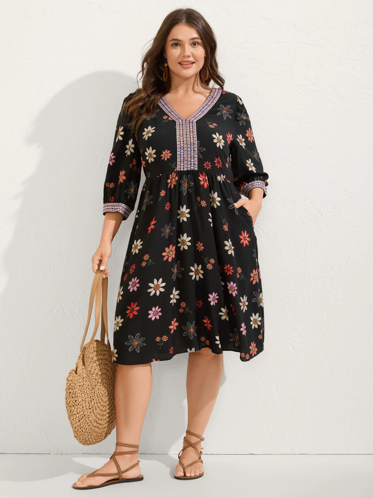 Colorful Floral Ribbon Neckline Pockets Midi Dress - Image 3