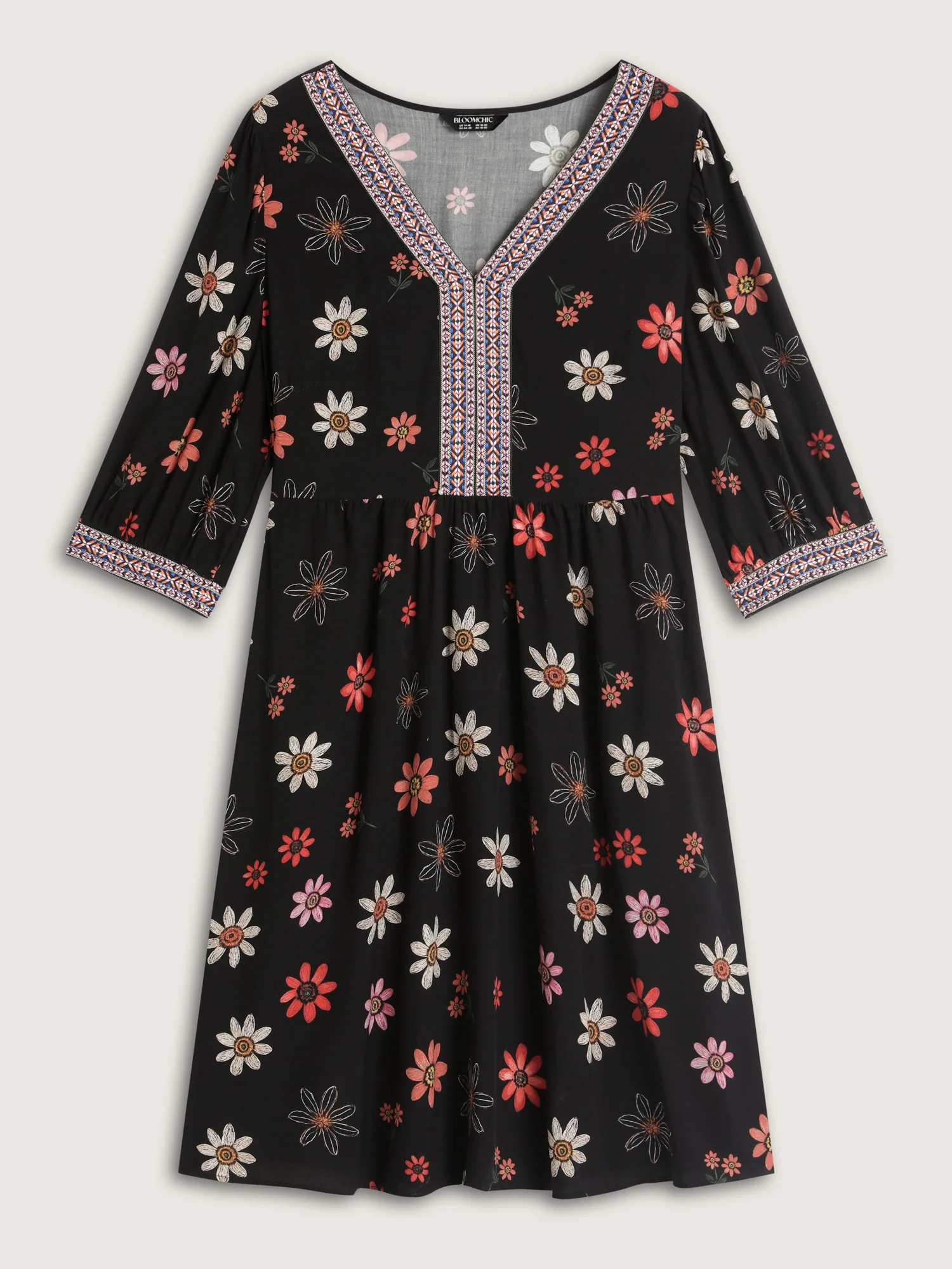 Colorful Floral Ribbon Neckline Pockets Midi Dress - Image 7