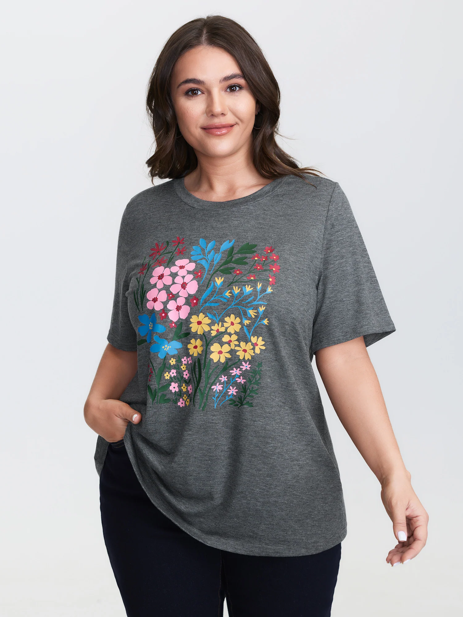 Colorful Floral Round Neck T-Shirt - Image 2