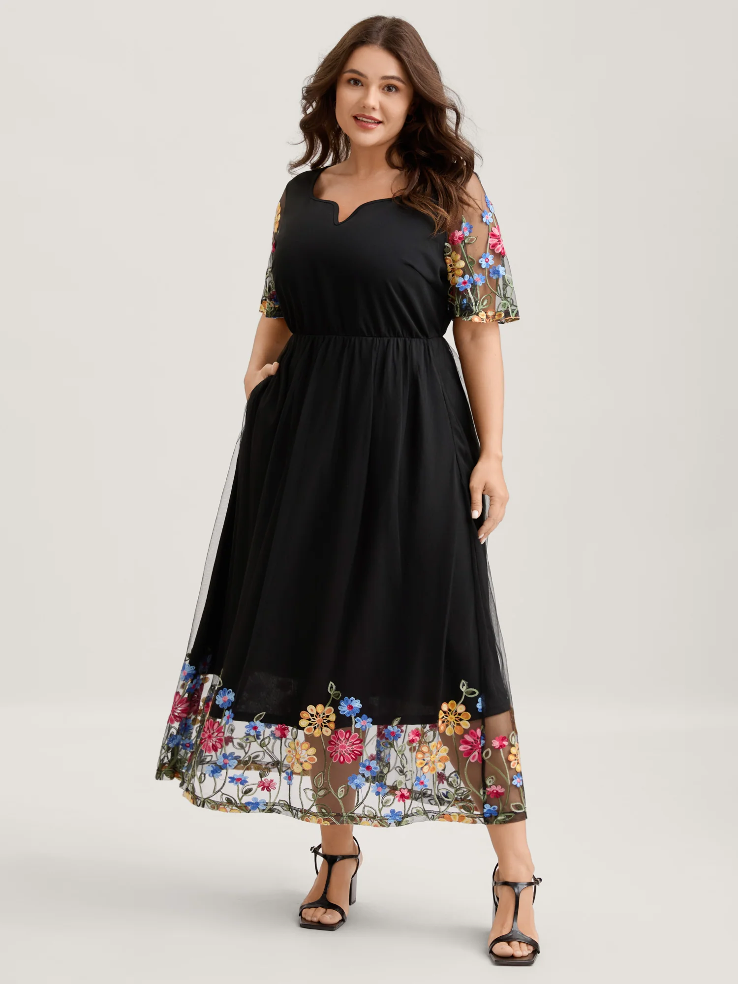 Colorful Floral Sheer Sleeve Cinched Midi Dress - Image 3
