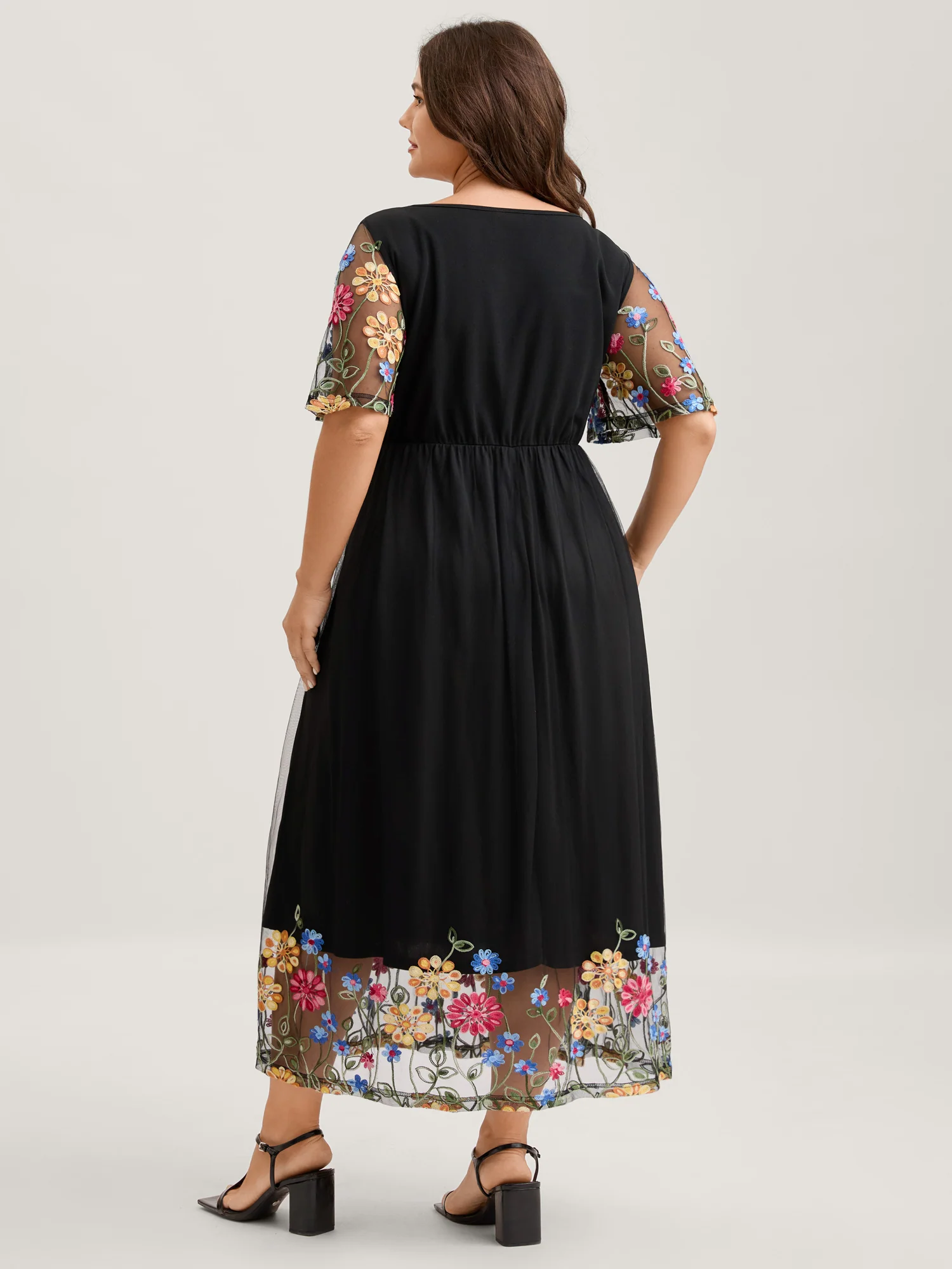 Colorful Floral Sheer Sleeve Cinched Midi Dress - Image 4