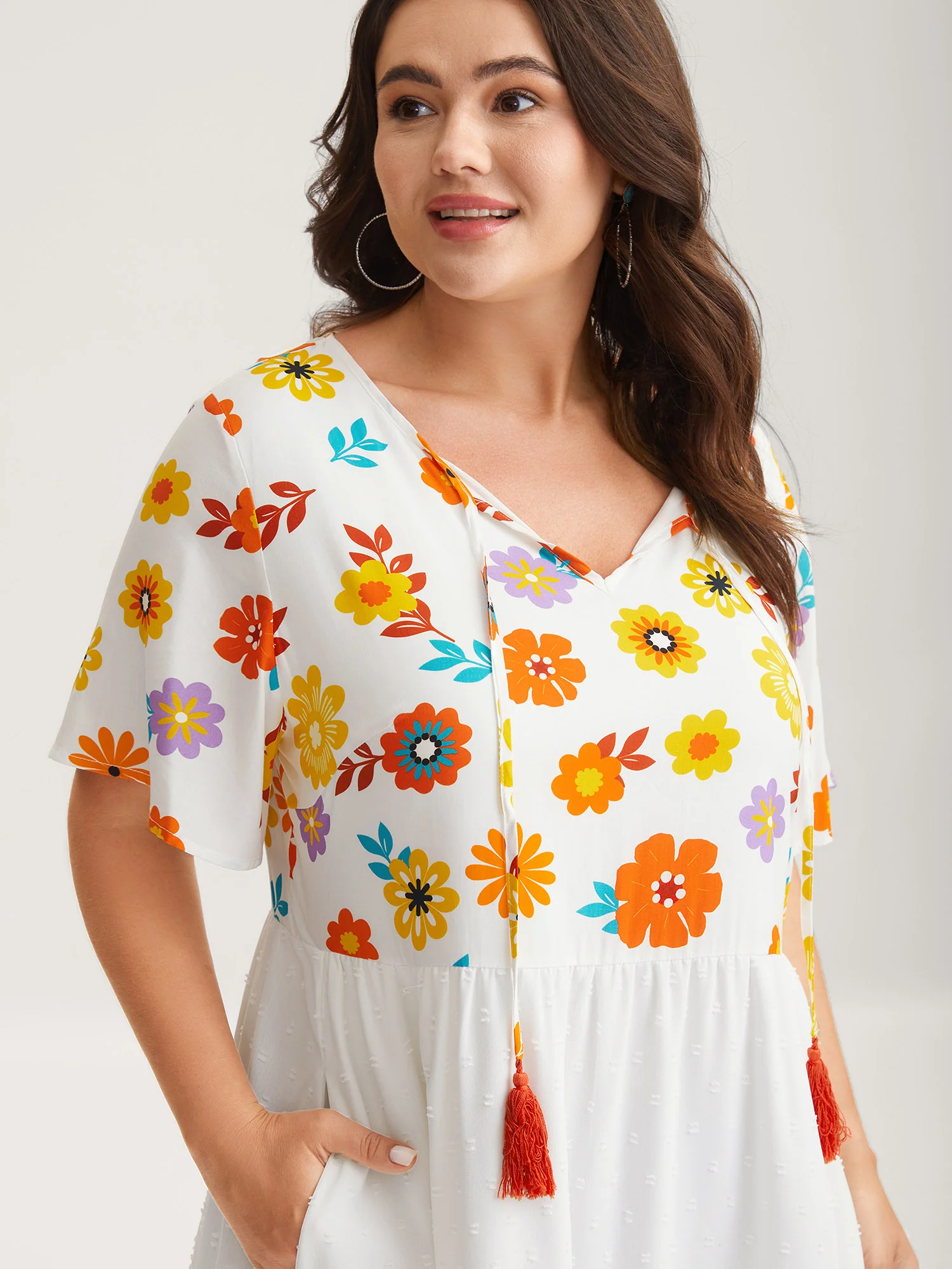 Colorful Florals Spliced Pockets Midi Dress - Image 2