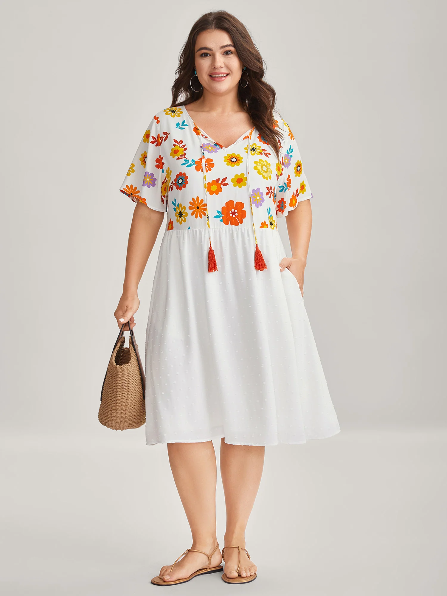Colorful Florals Spliced Pockets Midi Dress - Image 3