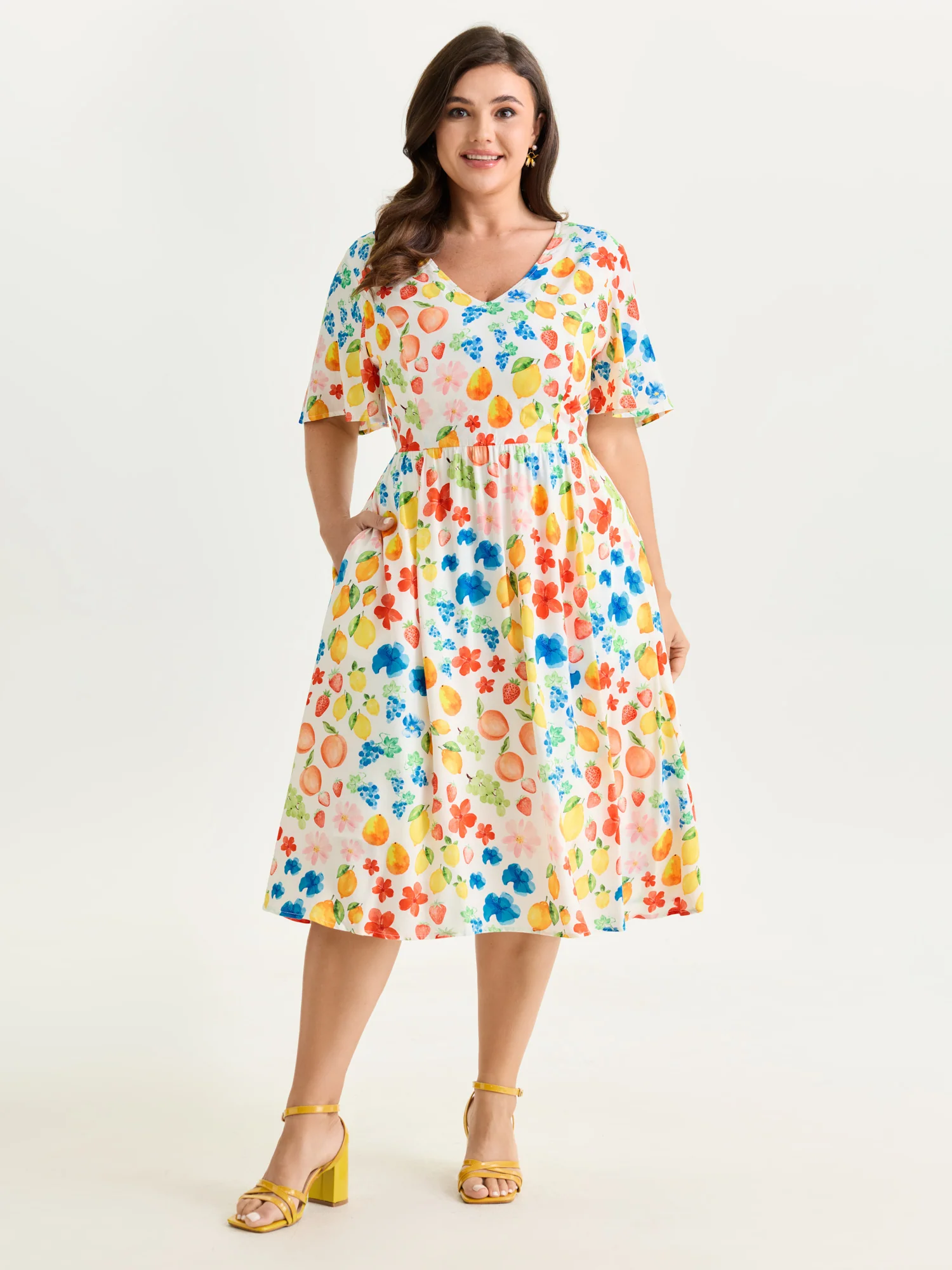 Colorful Fruit Print V-Neck Midi Dress - Image 3