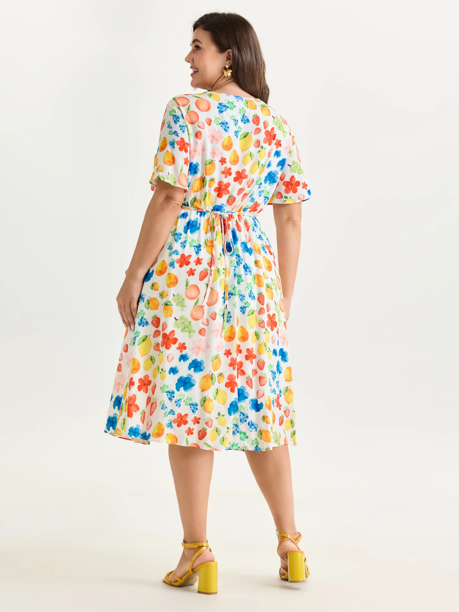 Colorful Fruit Print V-Neck Midi Dress - Image 4