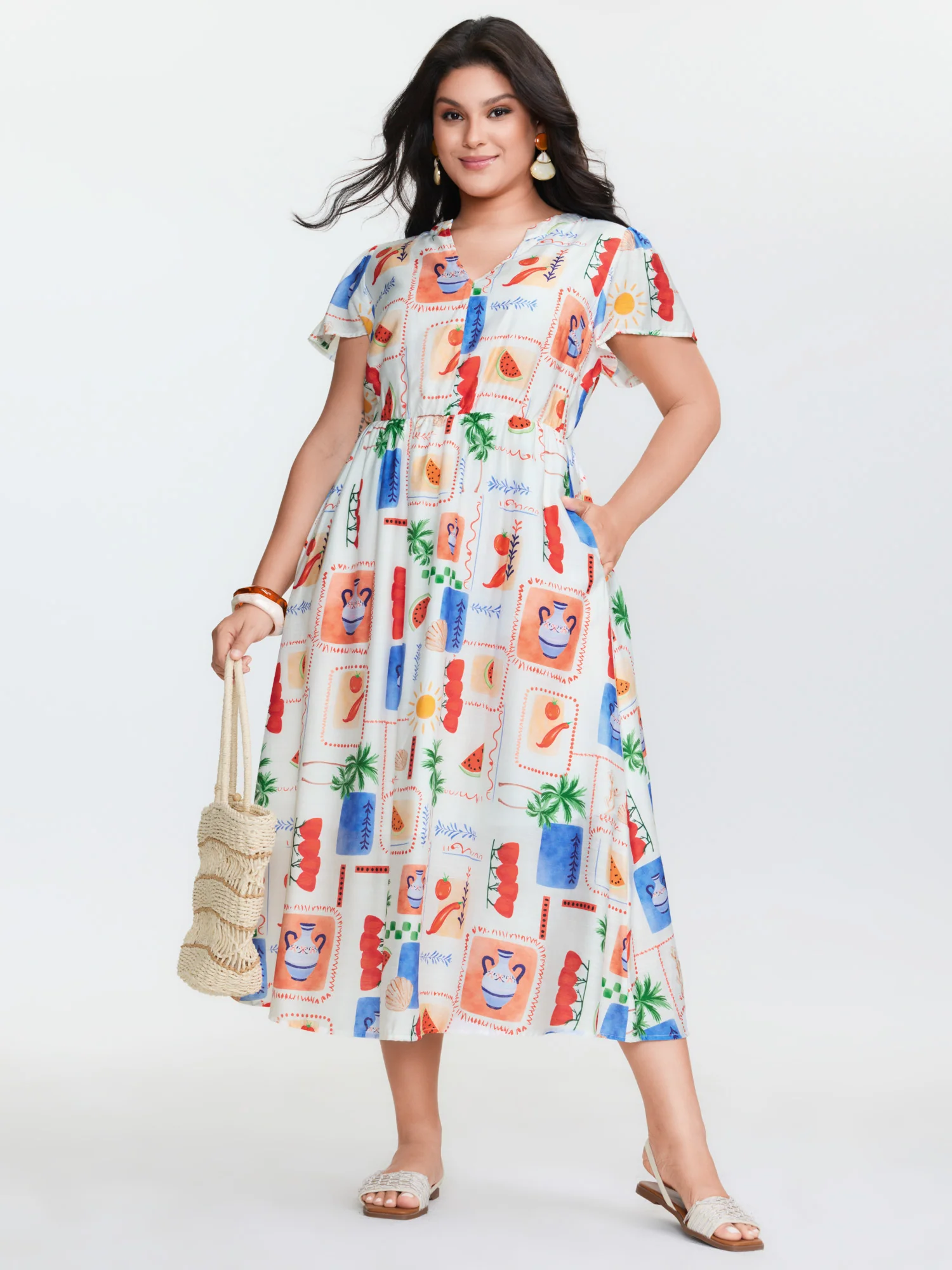 Colorful Geometric Print Notched Collar Midi Dress - Image 2