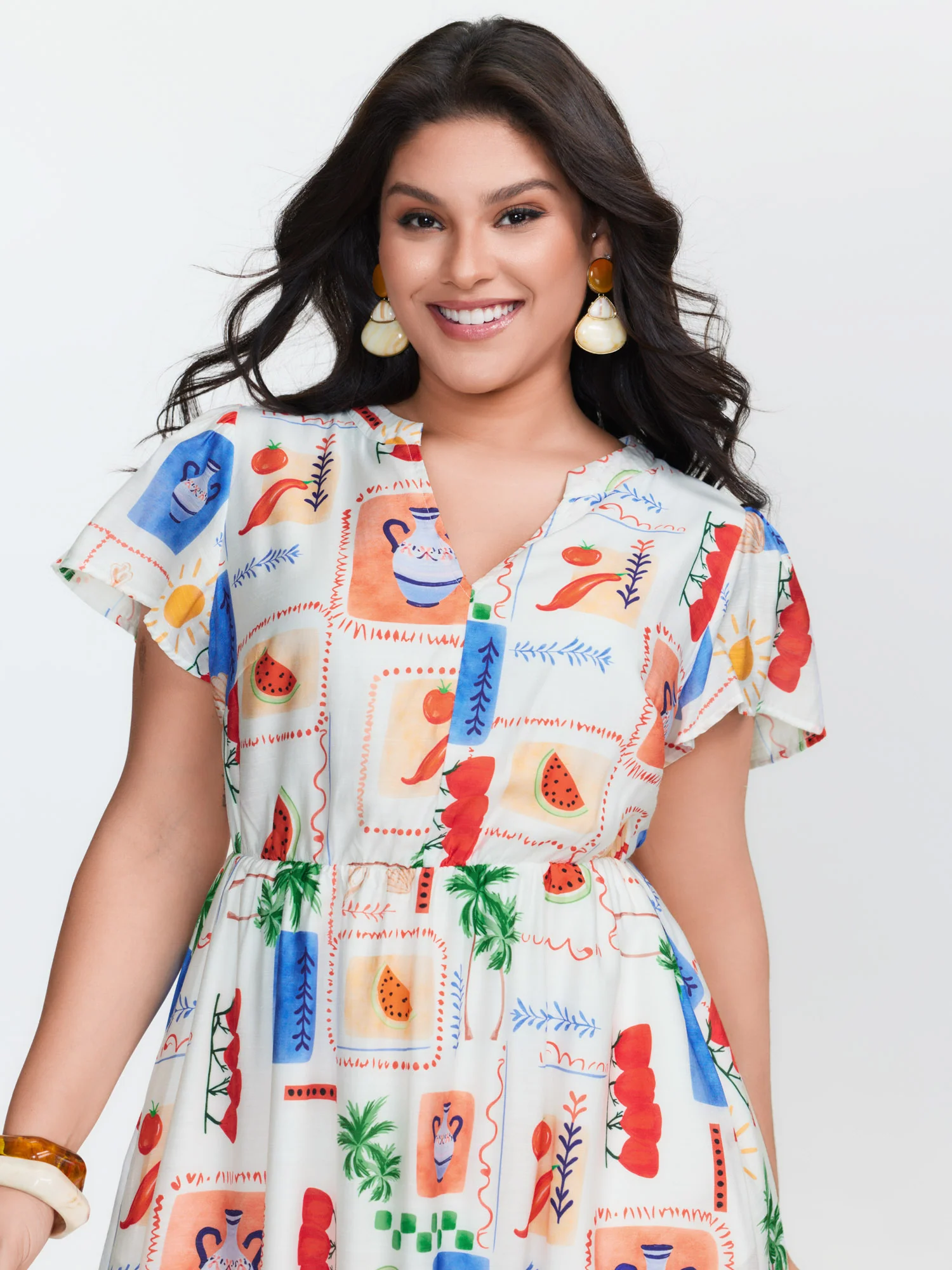 Colorful Geometric Print Notched Collar Midi Dress - Image 3