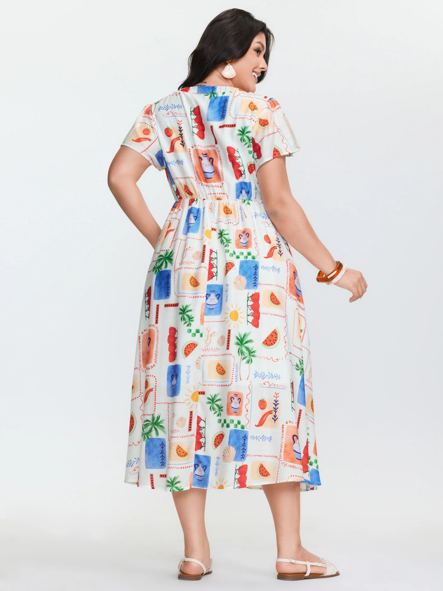 Colorful Geometric Print Notched Collar Midi Dress - Image 4