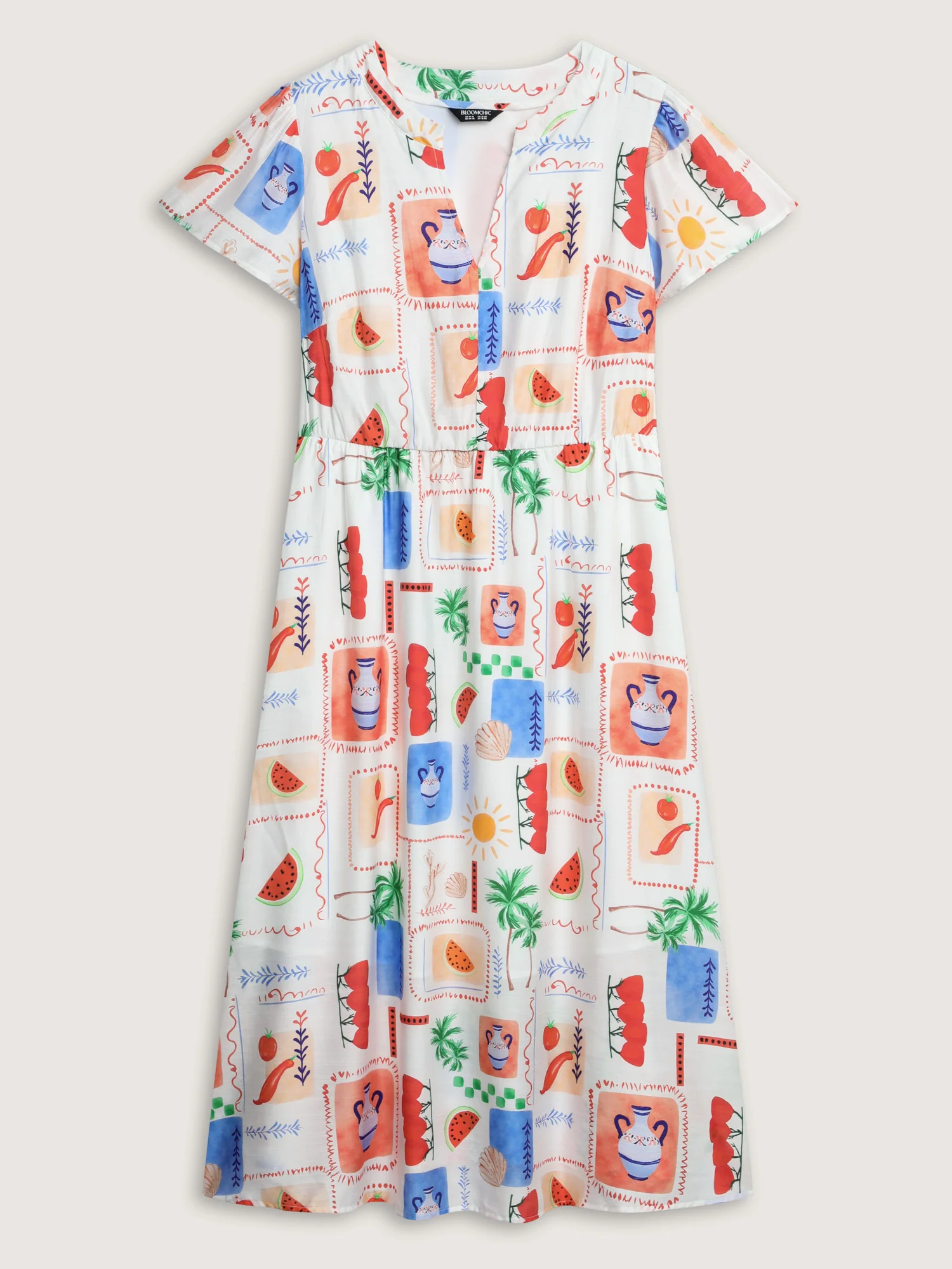 Colorful Geometric Print Notched Collar Midi Dress - Image 7