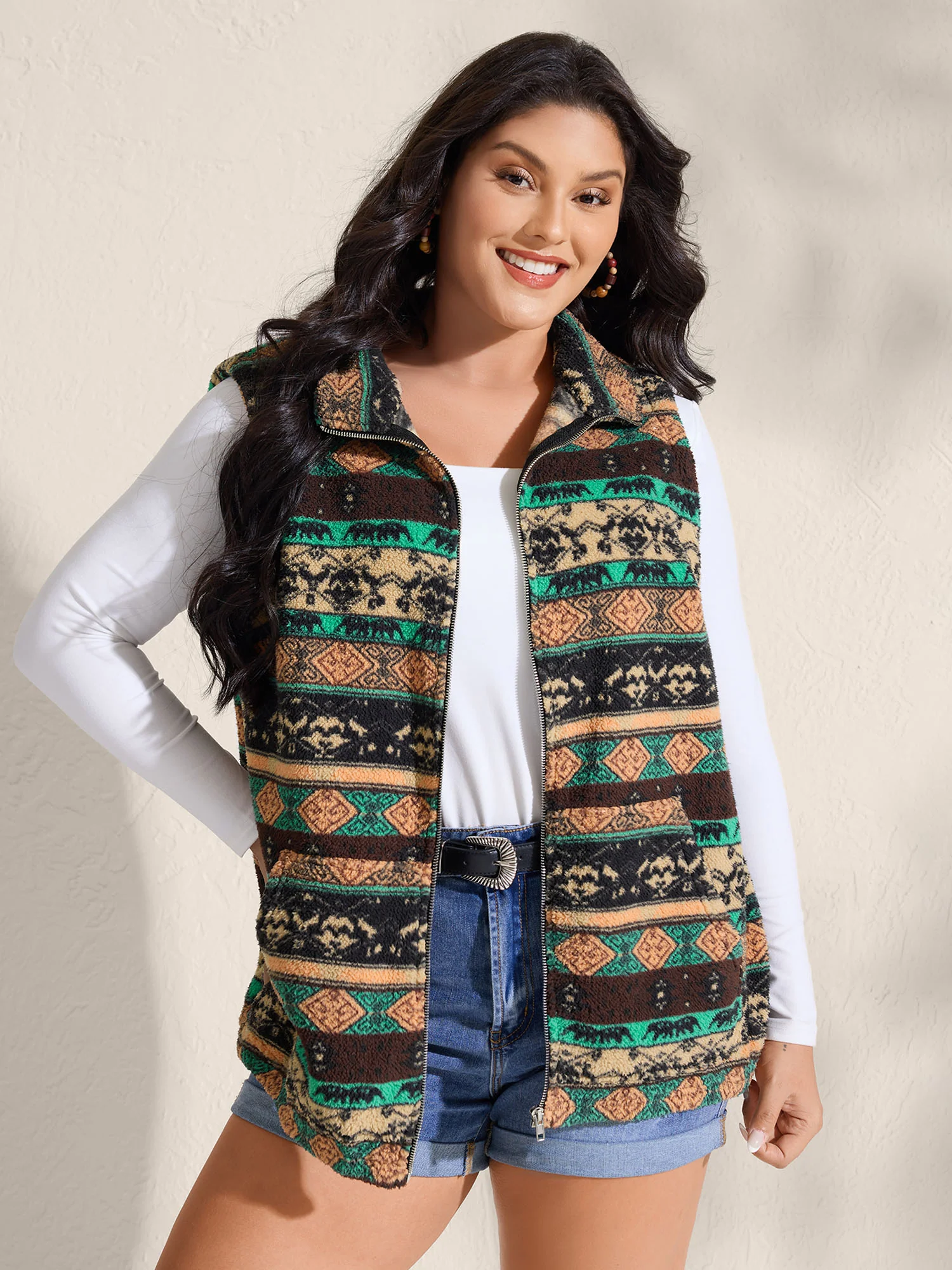 Colorful Geometric Stripes Zipper Vest - Image 2