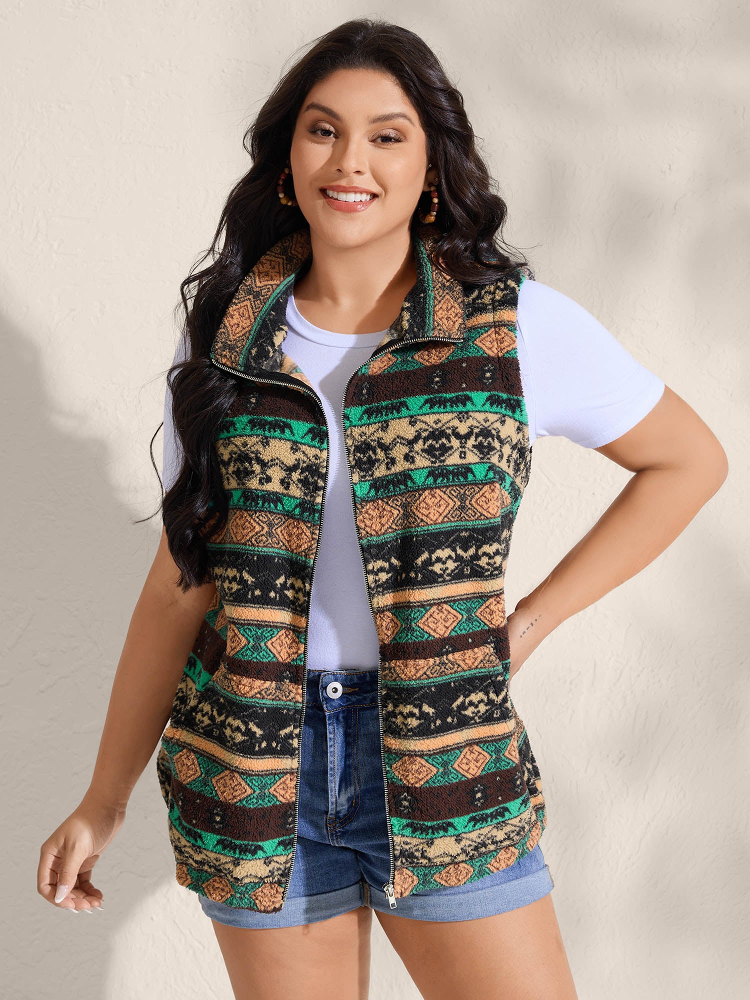 Colorful Geometric Stripes Zipper Vest - Image 4