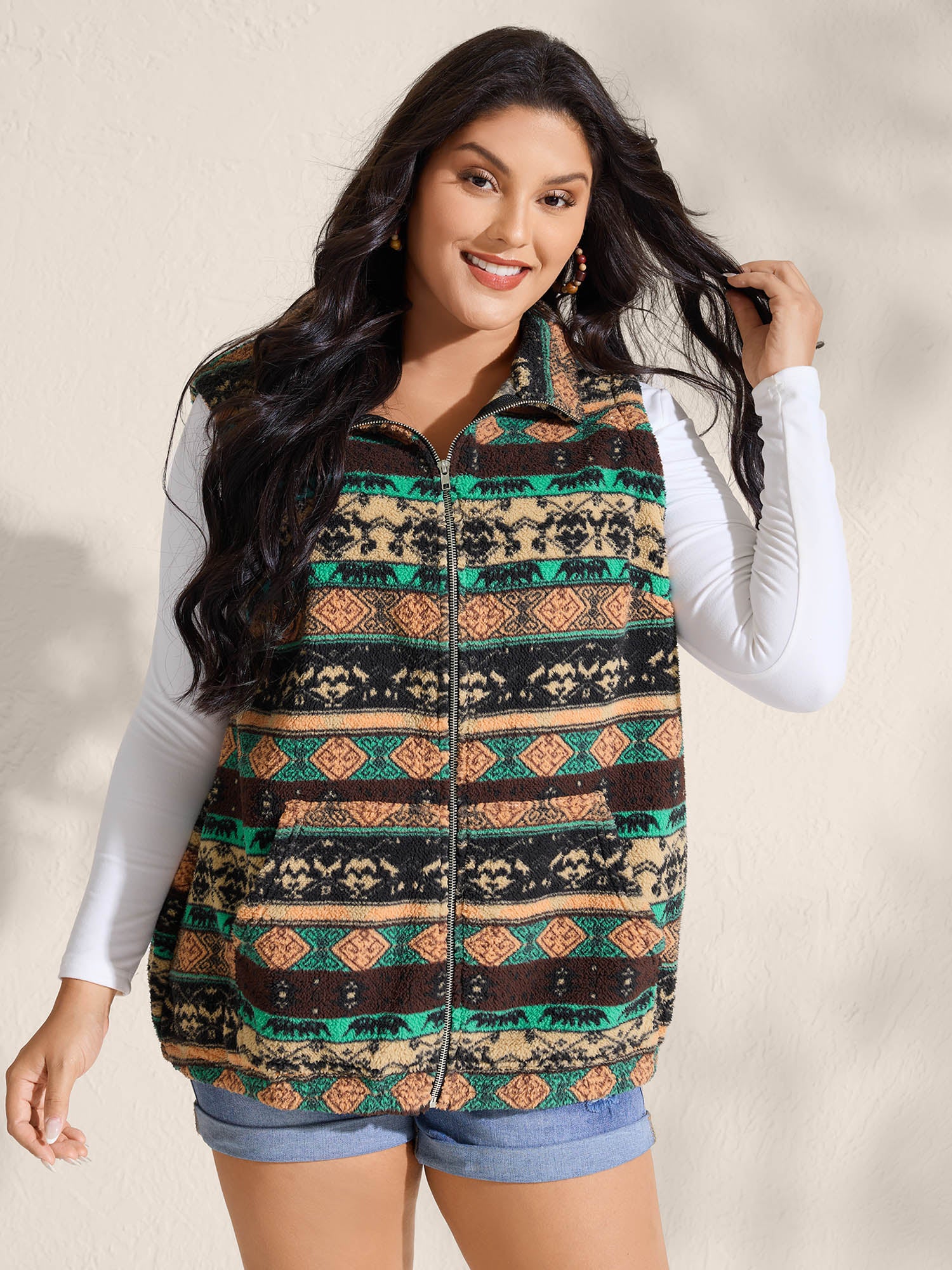 Colorful Geometric Stripes Zipper Vest - Image 5