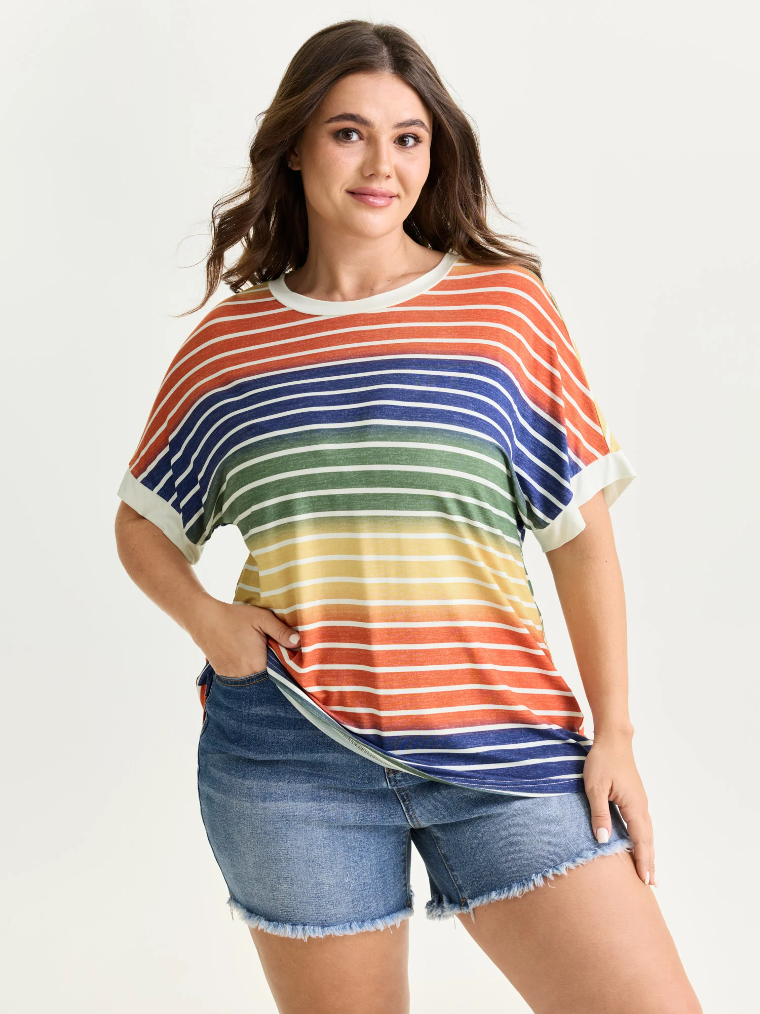 Colorful Gradient Stripe Round Neck T-Shirt - Image 12